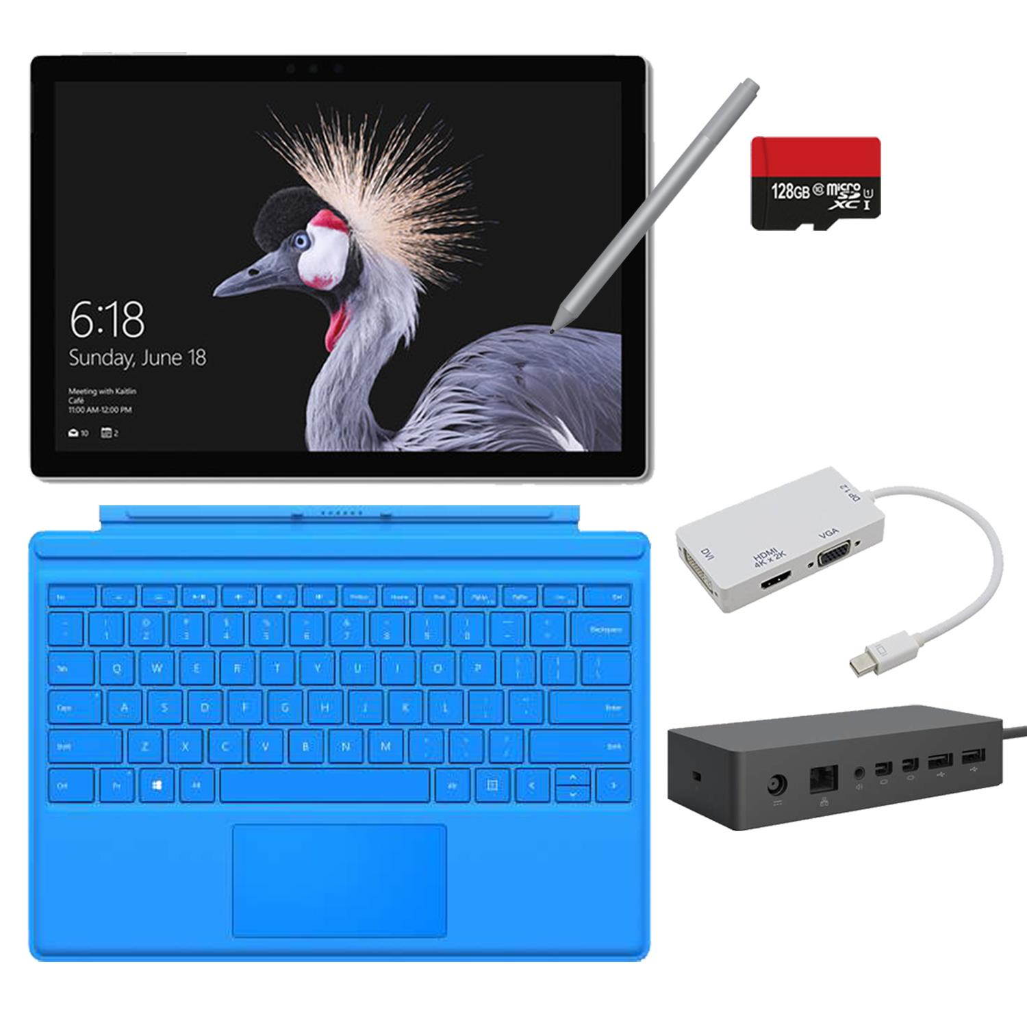 2017 New Surface Pro Bundle (6 Items): Core i5 8GB 256GB Tablet, Light Blue Type Cover (2016), New Surface Pen Platinum, Surface Dock, 128GB Micro SD Card, Mini DisplayPort Adapter