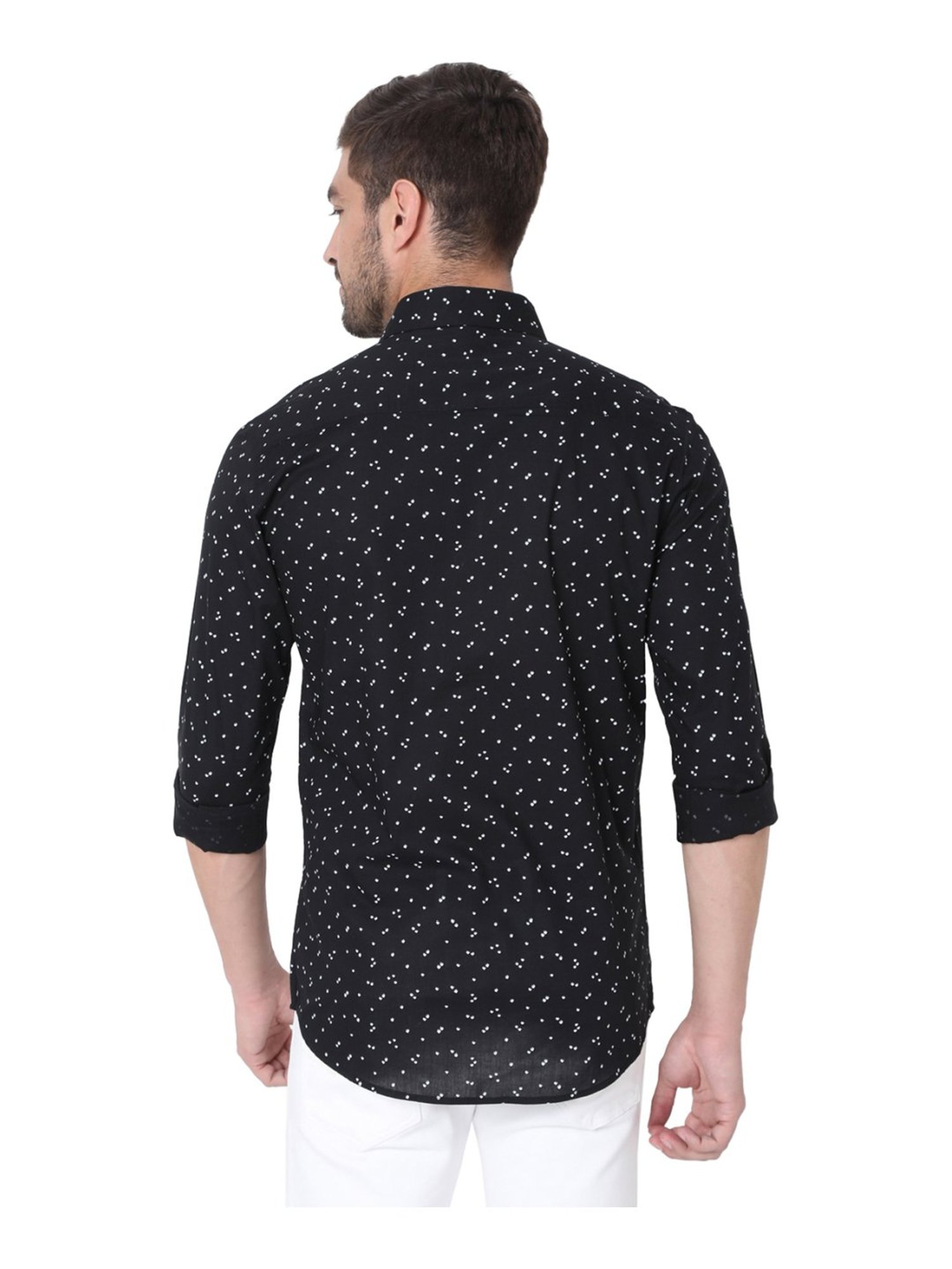Mufti Black Cotton Slim Fit Printed Shirt