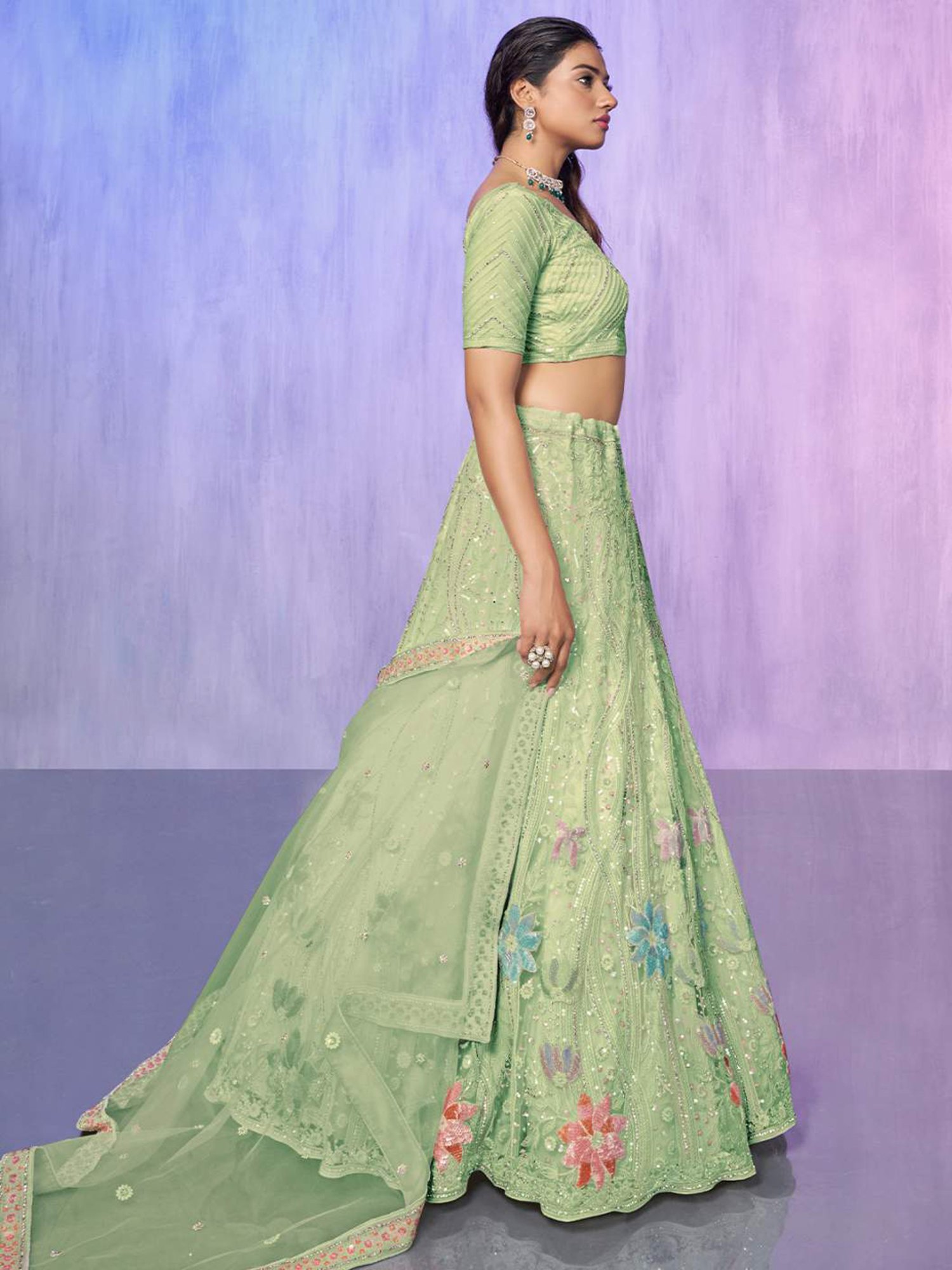 Odette Pista Green Embroidered Semi Stitched Lehenga Blouse Set With Dupatta