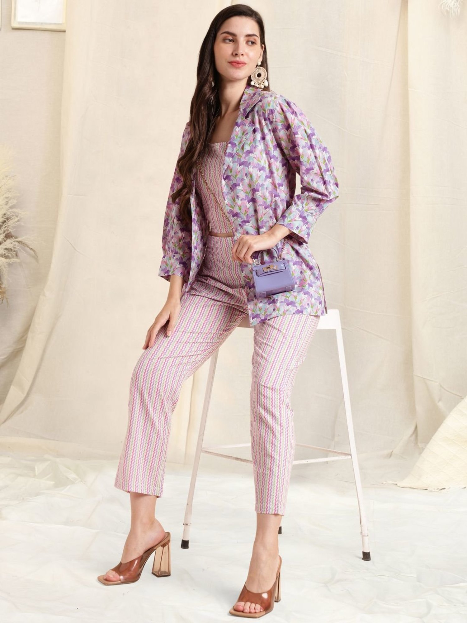 MIRCHI FASHION Purple Cotton Printed Top Pant Set With Jacket