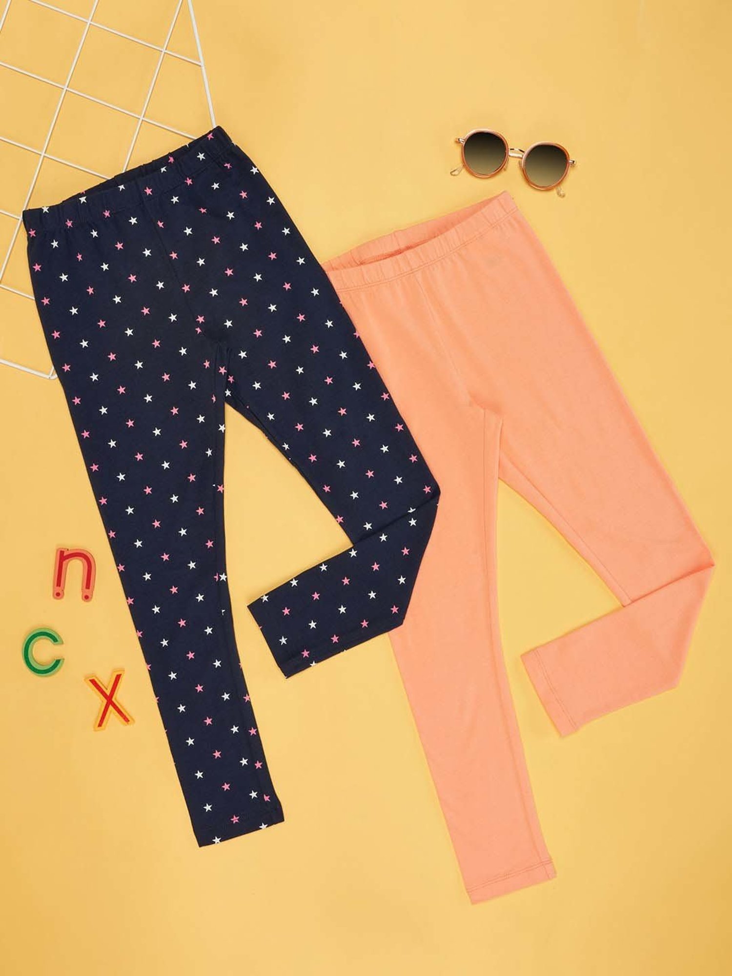 YU by Pantaloons Girls Navy & Orange Cotton Printed Leggings (Pack of 2)