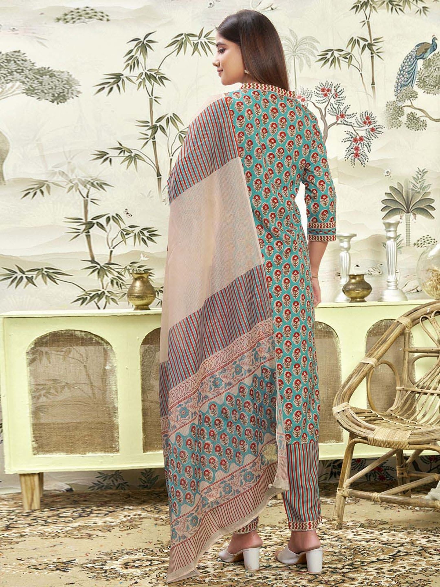 Skylee Blue Printed Kurta Pant Set With Dupatta