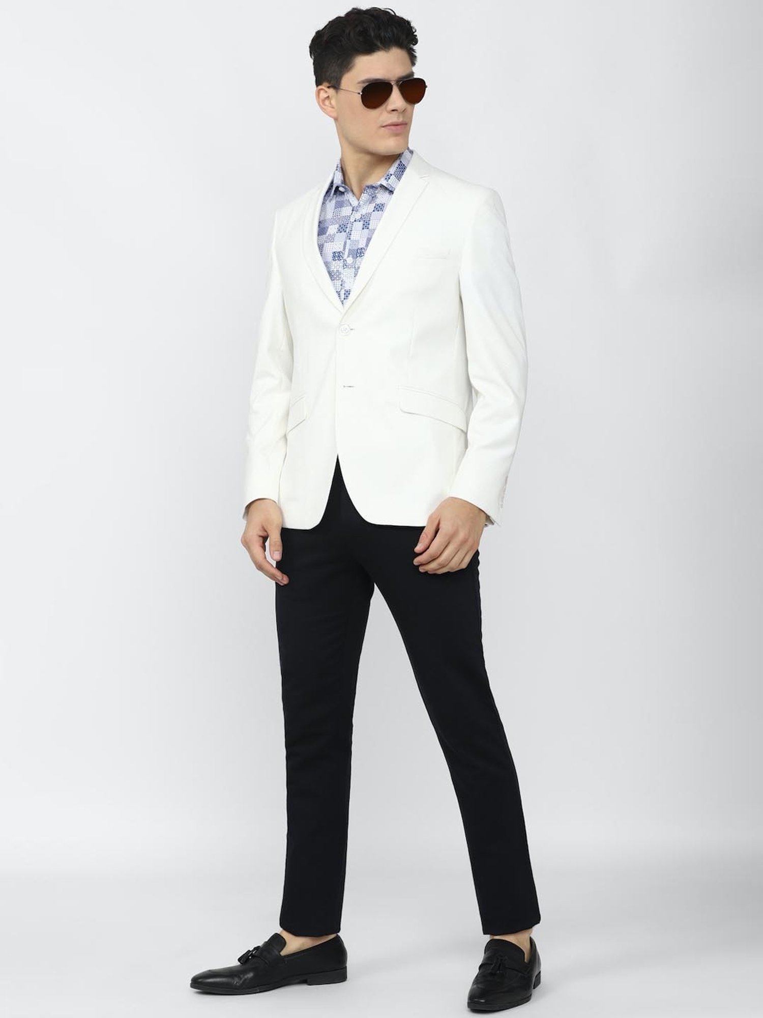 V Dot White Skinny Fit Blazer