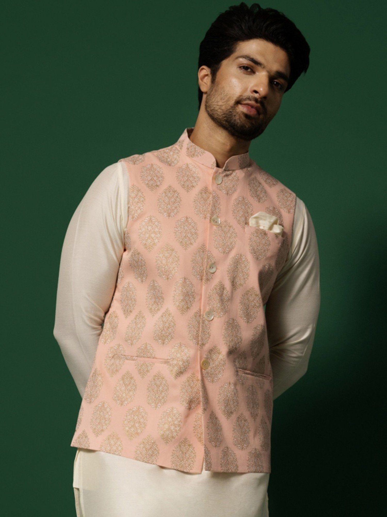 KISAH Peach Cotton Regular Fit Printed Nehru Jacket