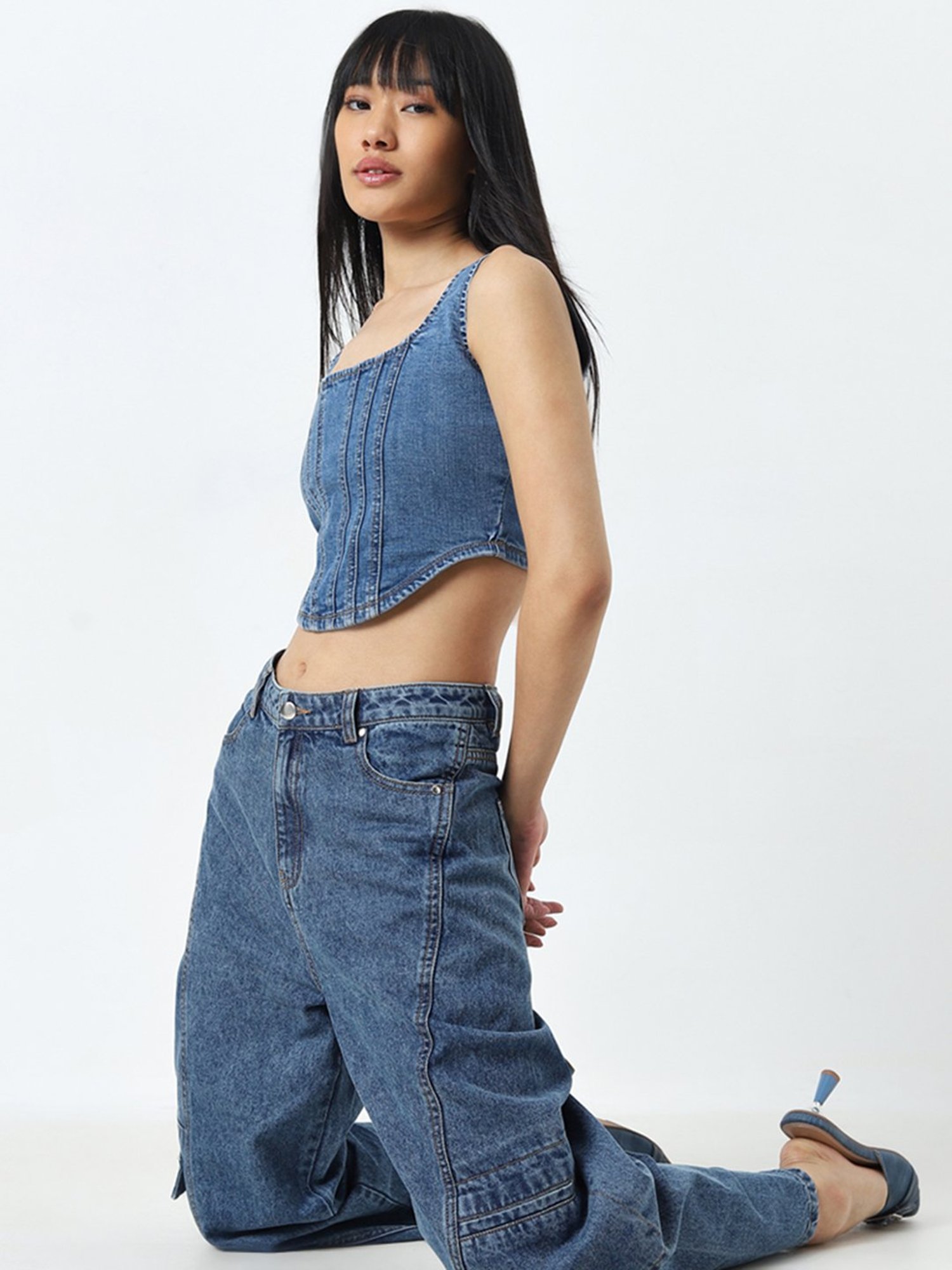 Nuon by Westside Blue Corset-Style Denim Crop Top