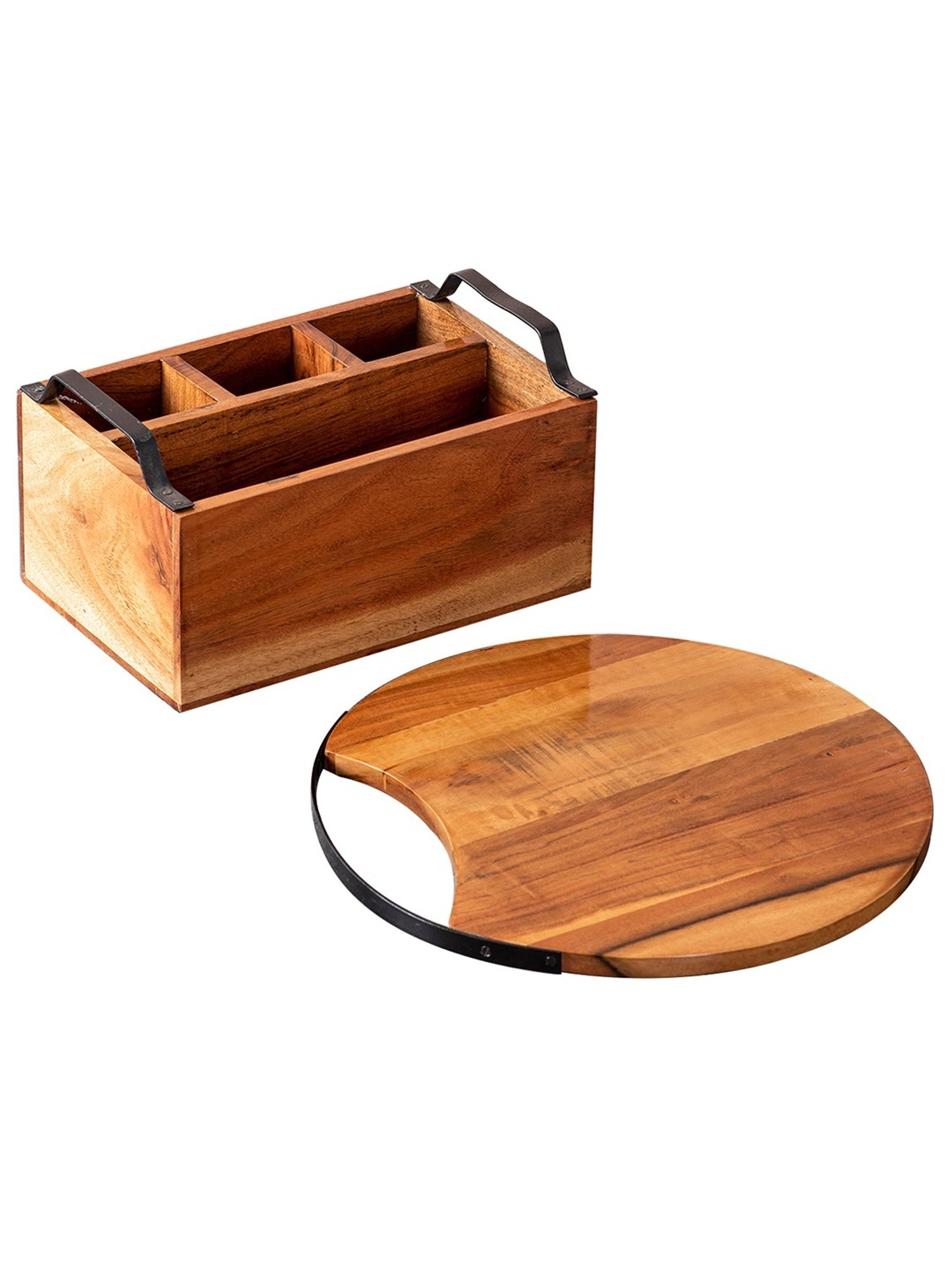Nestroots Brown Wood Cutlery Holder & Cheese Board Combo