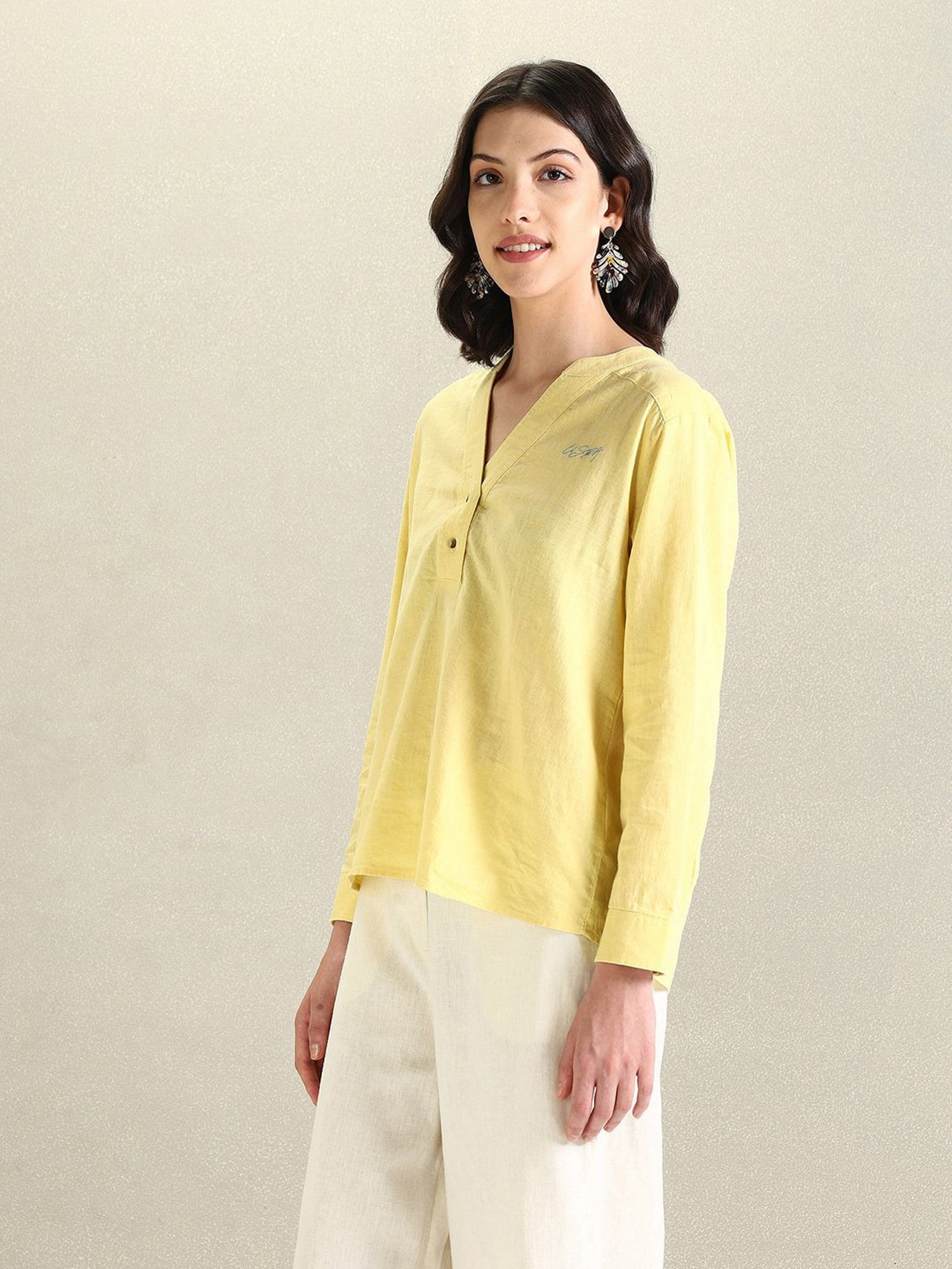 U.S. Polo Assn. Light Yellow Linen Graphic Print Top