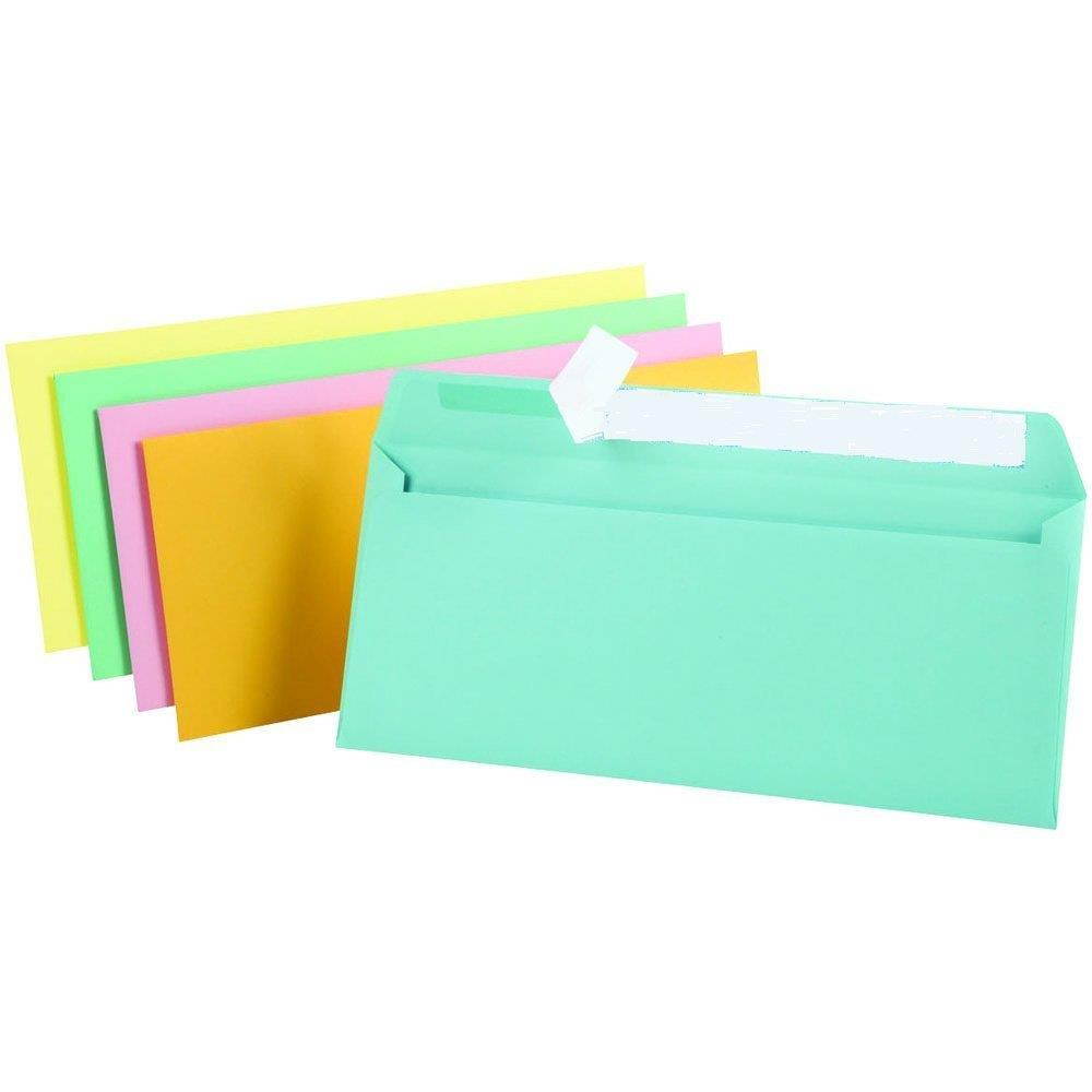 1InTheOffice EasyClose Neon Brights Color Envelopes, #10, Assorted, 4 1/8"H x 9 1/2"W, 50/Pack (Assorted Pastel)