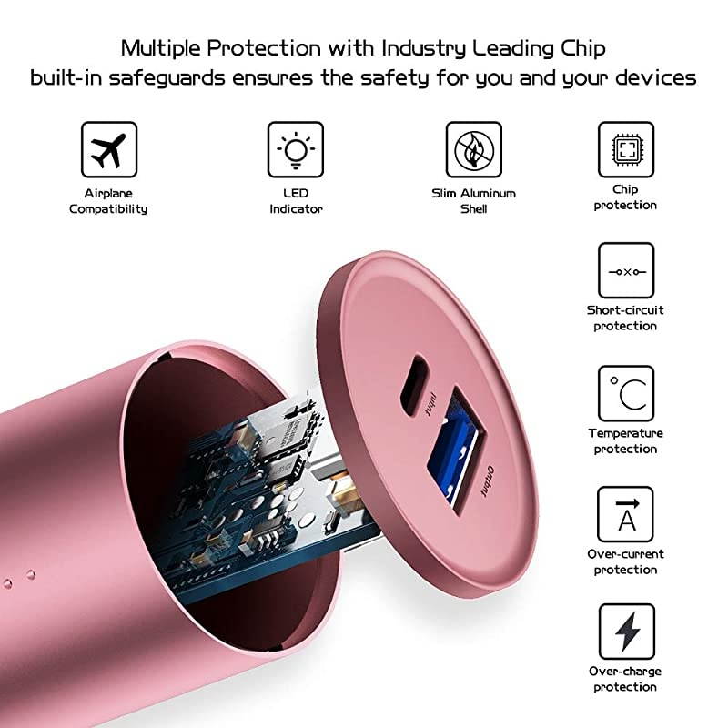 Portable Charger  UltraCompact Aluminum Power Bank 5000mAh Travel HighSpeed Output External Backup Battery Compatible iPhone iPad iPod Samsung Tablets PinkCharging Cable Included