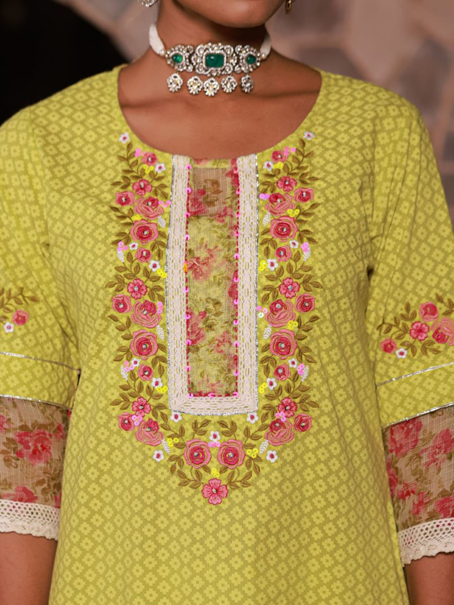 Juniper The Madhubala Green Floral & Lace Cotton Kurta Palazzo Set With Kota Doria Print Dupatta