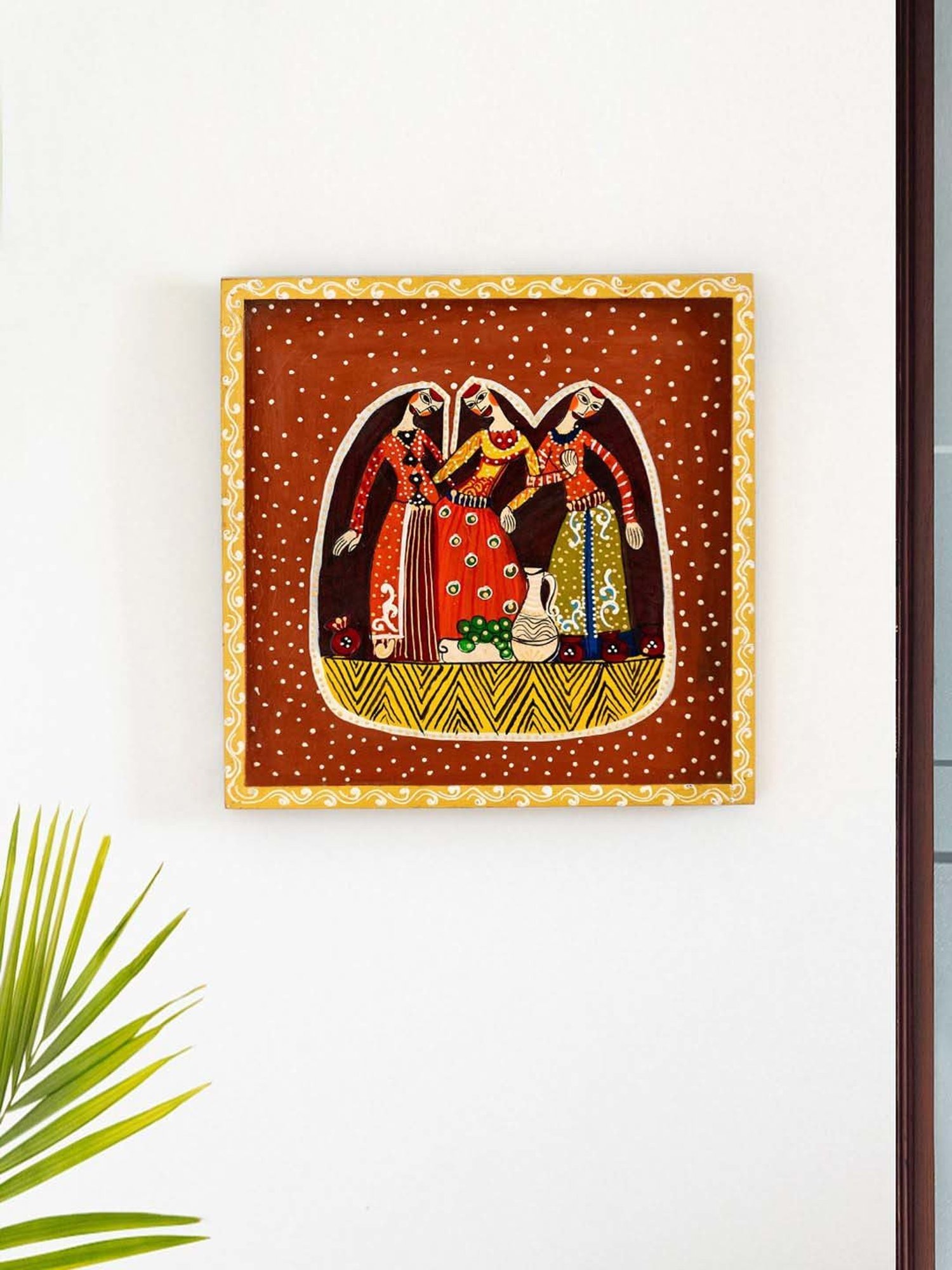 ExclusiveLane Multicolor Wood Village Women Hand-Painted Wall Decor Hanging