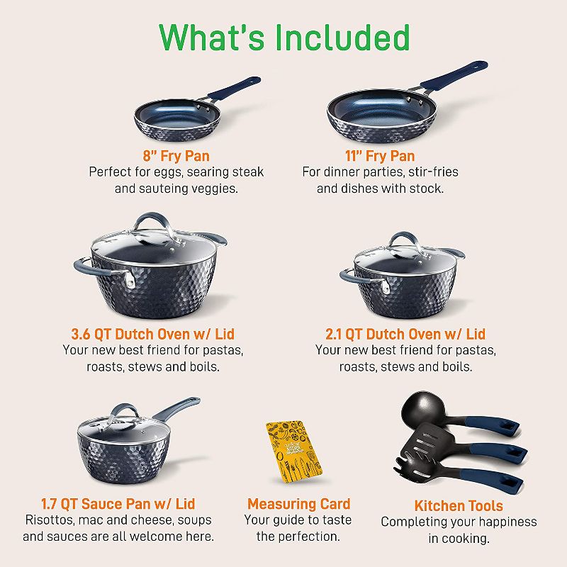 NutriChef Nonstick Ceramic Cooking Kitchen Cookware Pots and Pan Set with Lids and Utensils, 11 Piece Set, Blue Diamond (2 Pack)