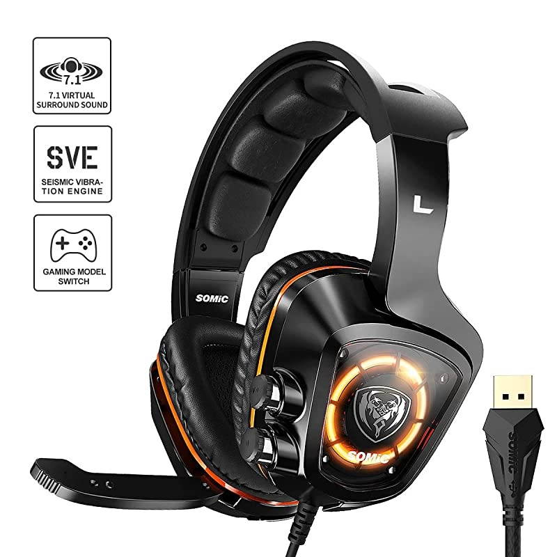 USB Plug Virtual 7.1 Surround Sound Gaming Headset for PC, PS4 , Laptop, with Vibration Bass, Mic and LED Lights G910,Black