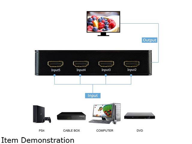 XtremPro 11007 HDMI Switch Ultra Slim 5x1 Ports, 5 in 1 out Aluminium w/ IR Remote & AC Adapter, Supports HDTV, 4K2K 1080P, 720P, Full 3D for PS, Xbox, Nintendo, Projector - Black