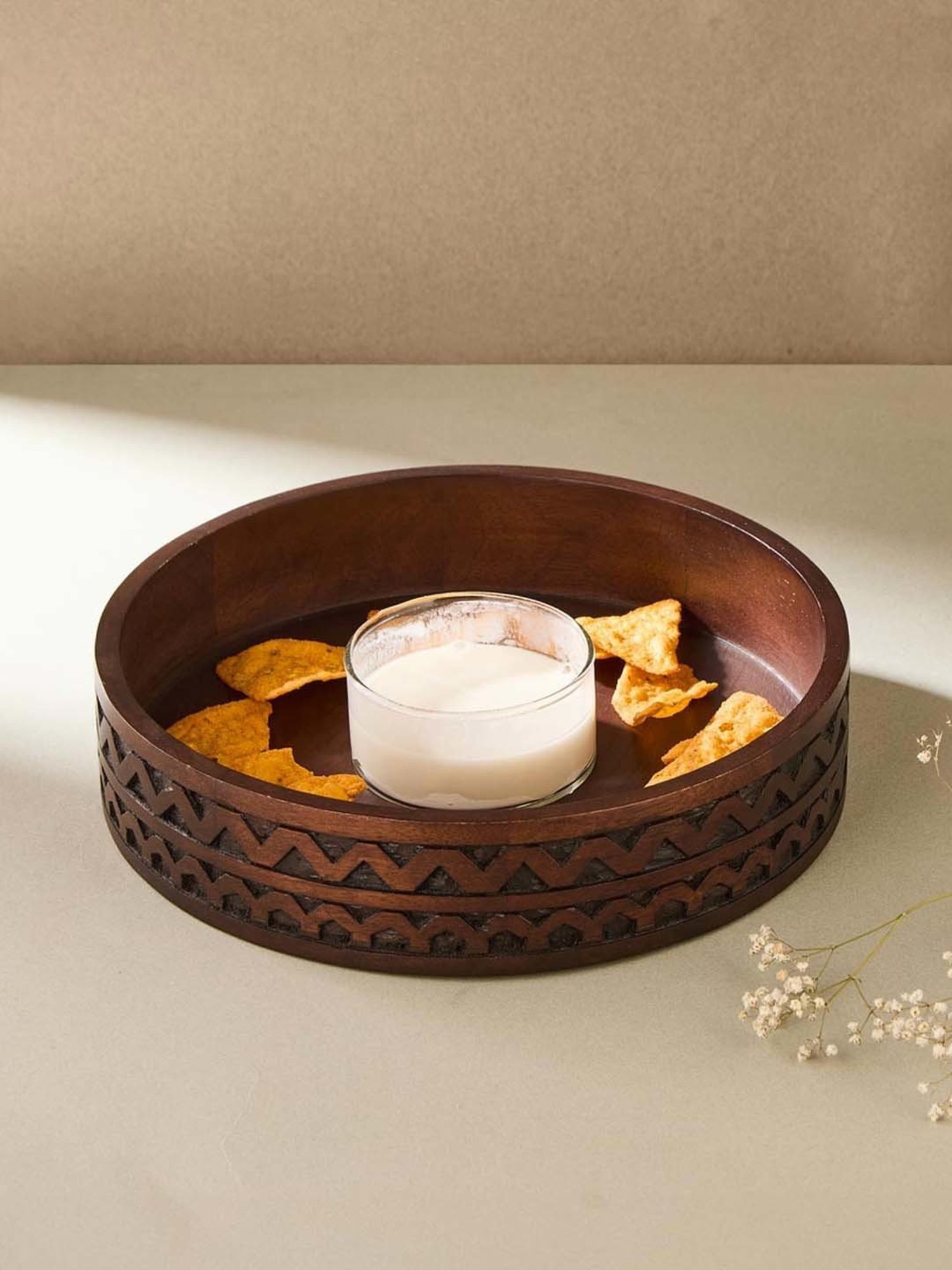 Fabindia Samod Brown Wood 1 Dip Bowl & 1 Platter