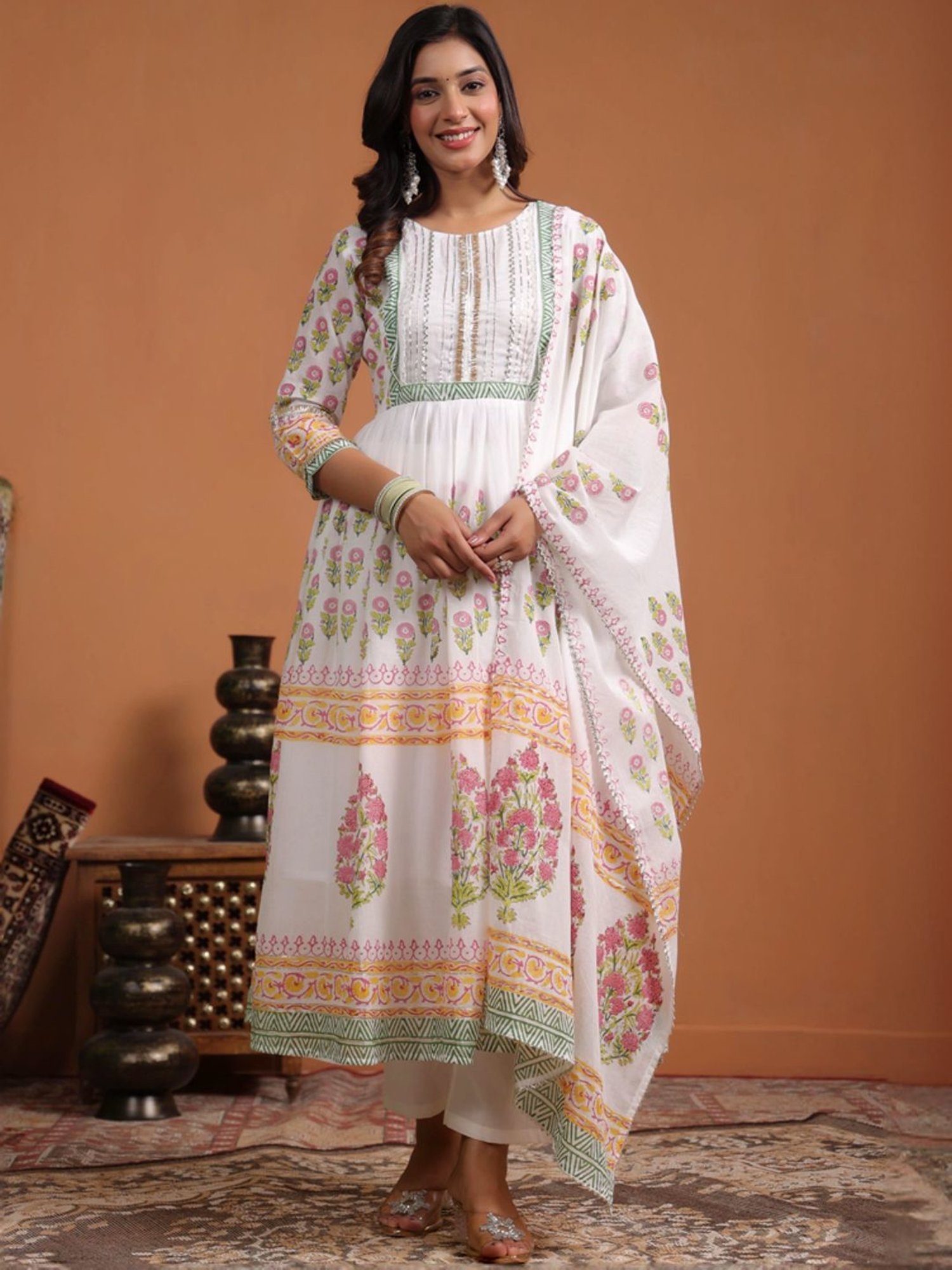 SCAKHI White Cotton Floral Print Kurta Pant Set With Dupatta