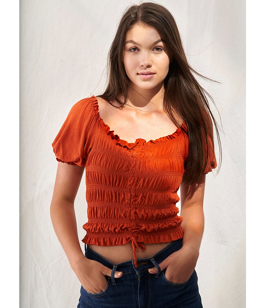 Evolutionary Short-Sleeve Cinch-Front Smocked Top