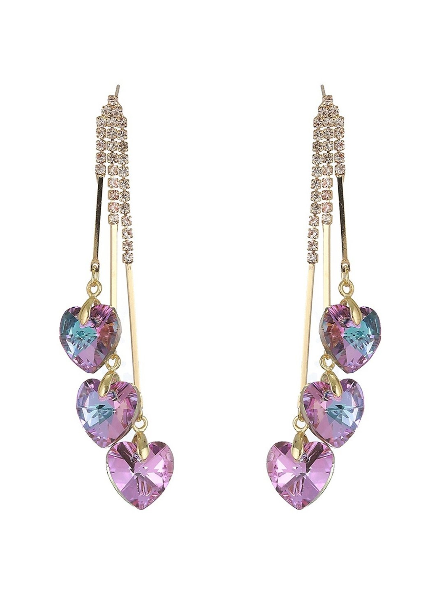 Prita by Priyaasi Purple Triple Heart Tassel Studded Gold-Plated Dangler Earrings