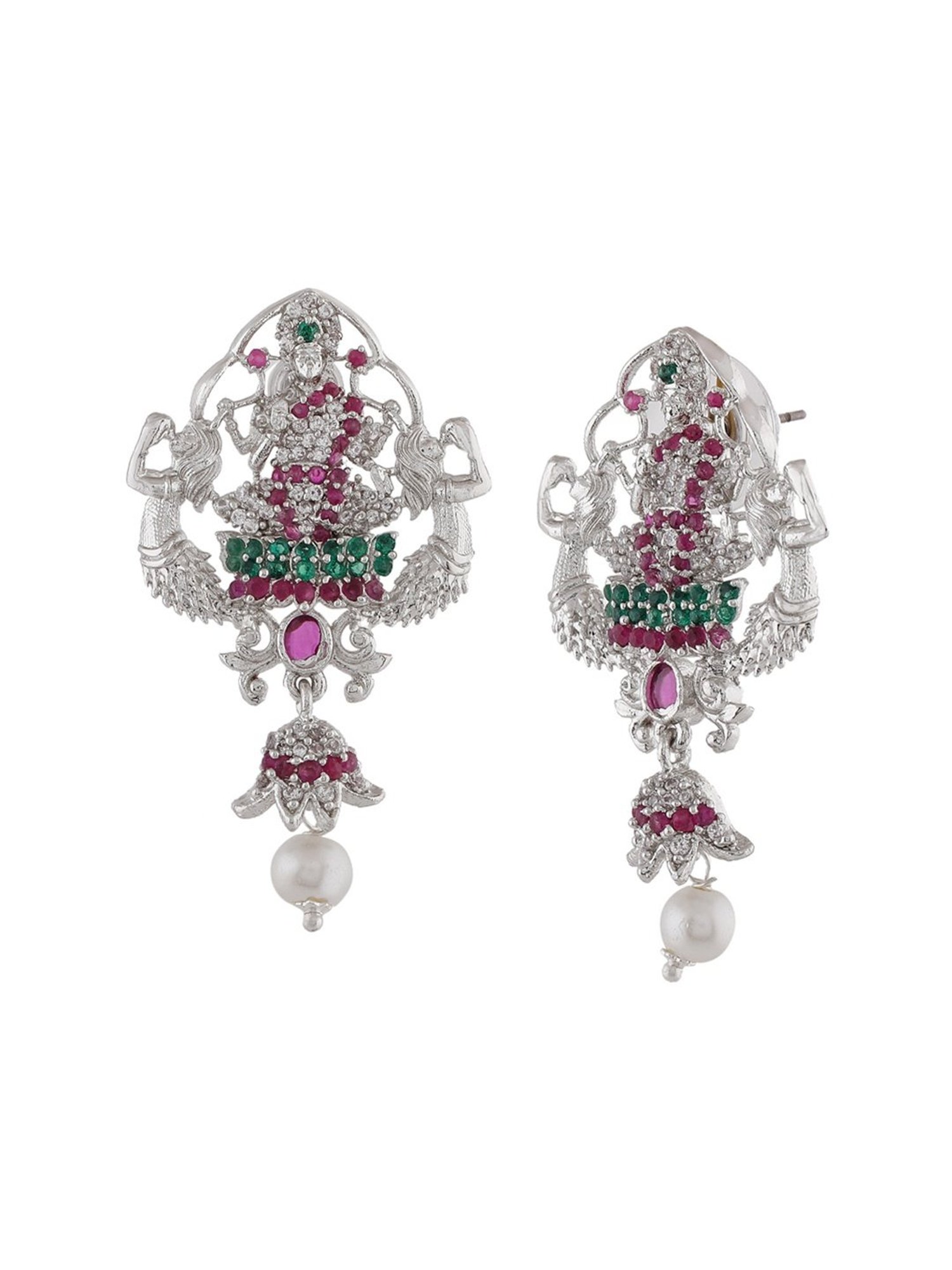 Estele Rhodium-Plated CZ Traditional Lakshmi Devi Design Dangler Earrings