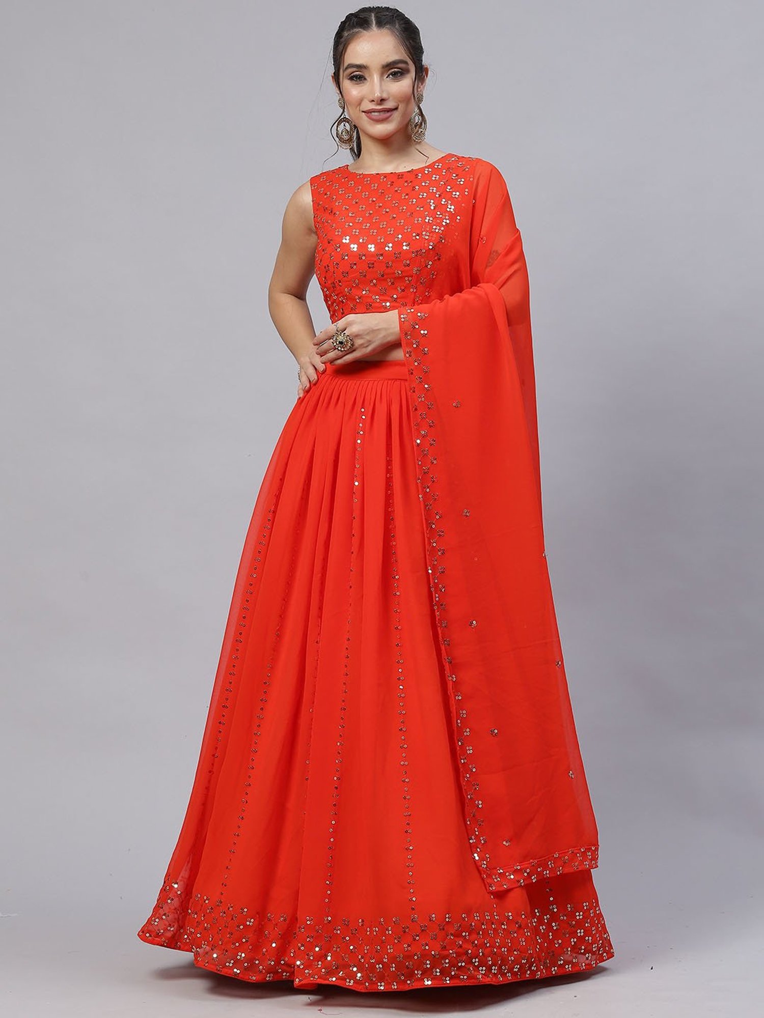 SHUBHKALA Orange Embellished Lehenga Choli Set With Dupatta