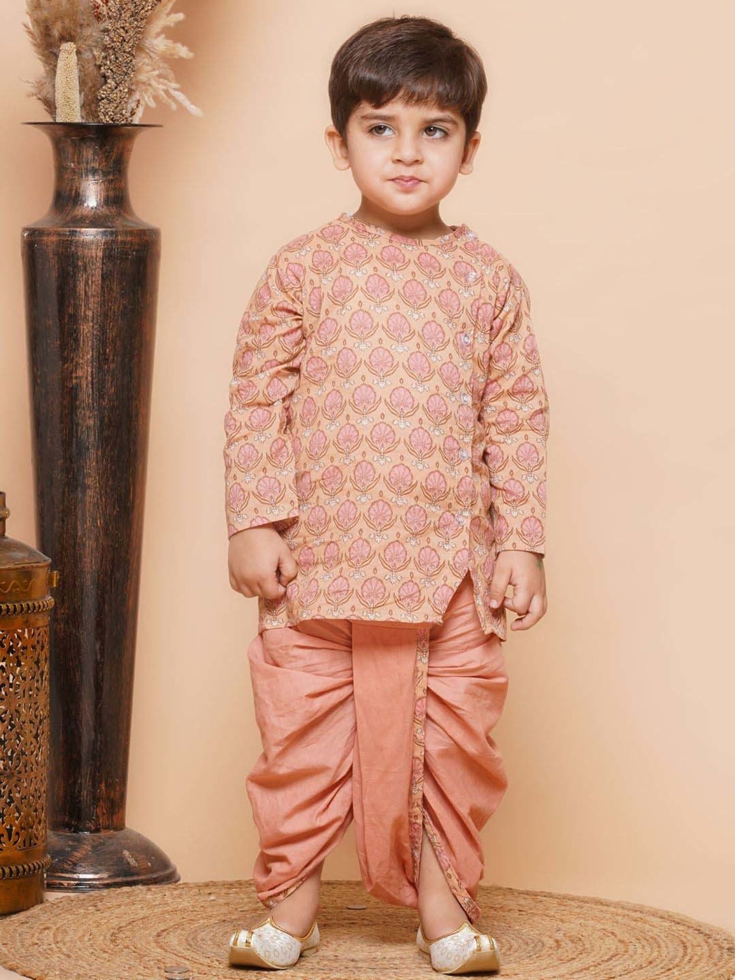 AJ Dezines Kids Peach Cotton Printed Full Sleeves Kurta Set