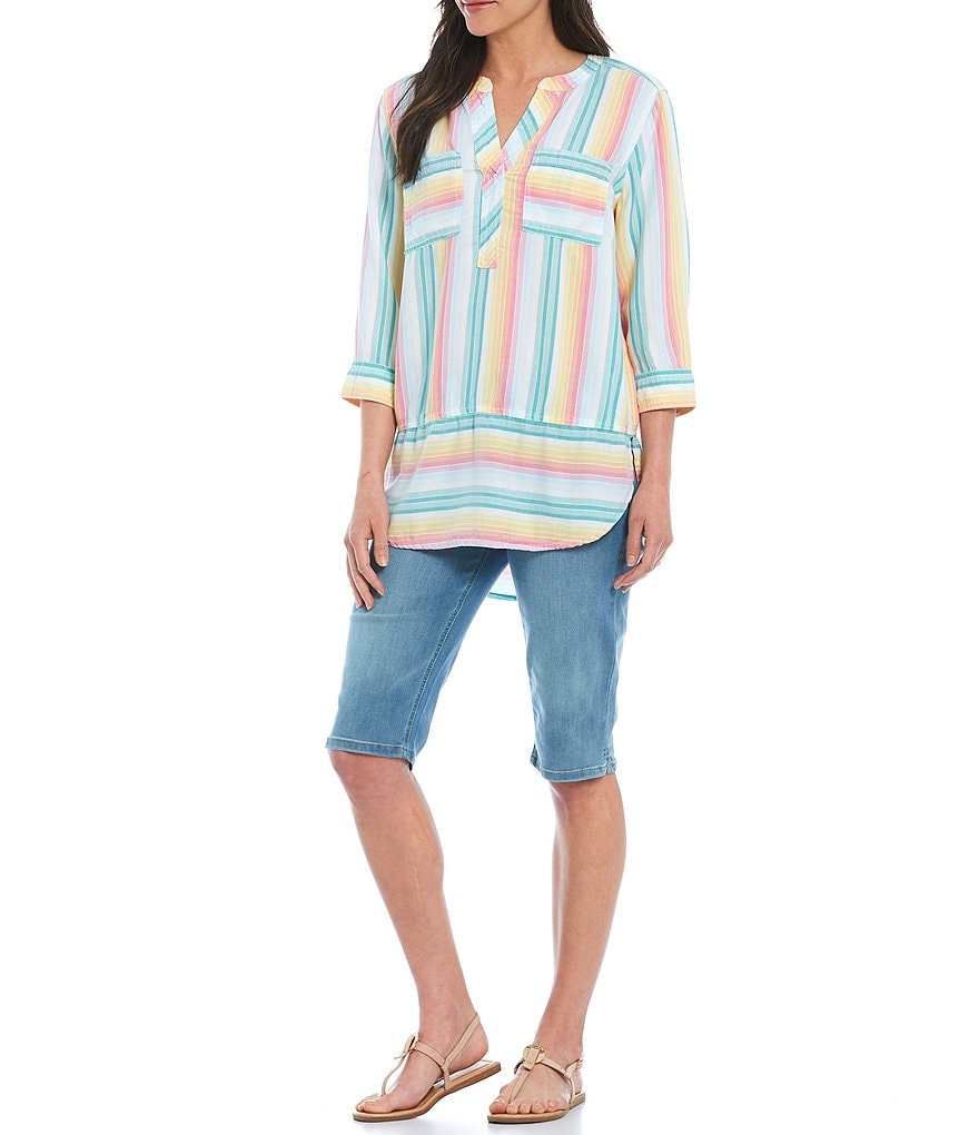 Westbound Rainbow Prism Stripe 3/4 Sleeve Two-Pocket Popover Shirt