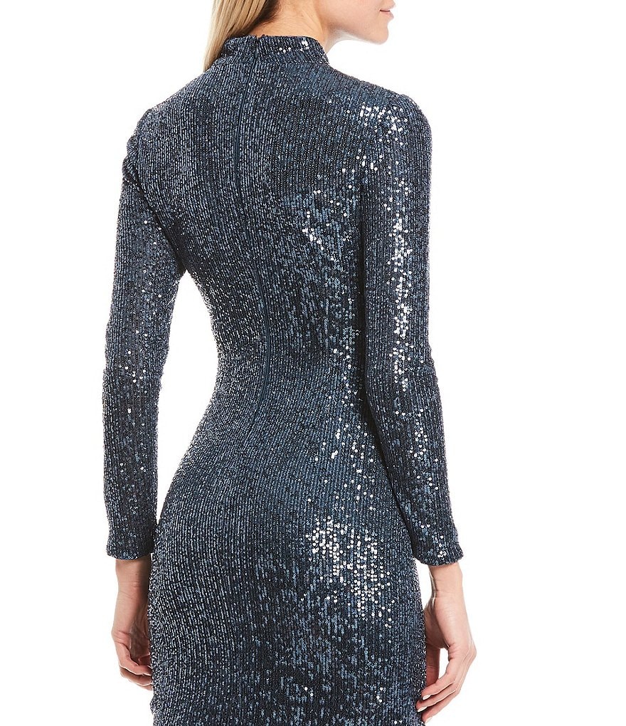 Eliza J Long Sleeve Mock Neck Sequin Mesh Sheath Dress