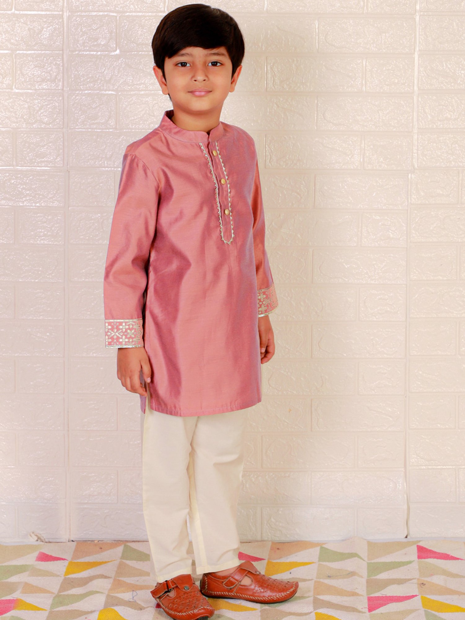 Lil Drama Kids Dusty Pink & White Solid Full Sleeves Kurta with Pyjamas