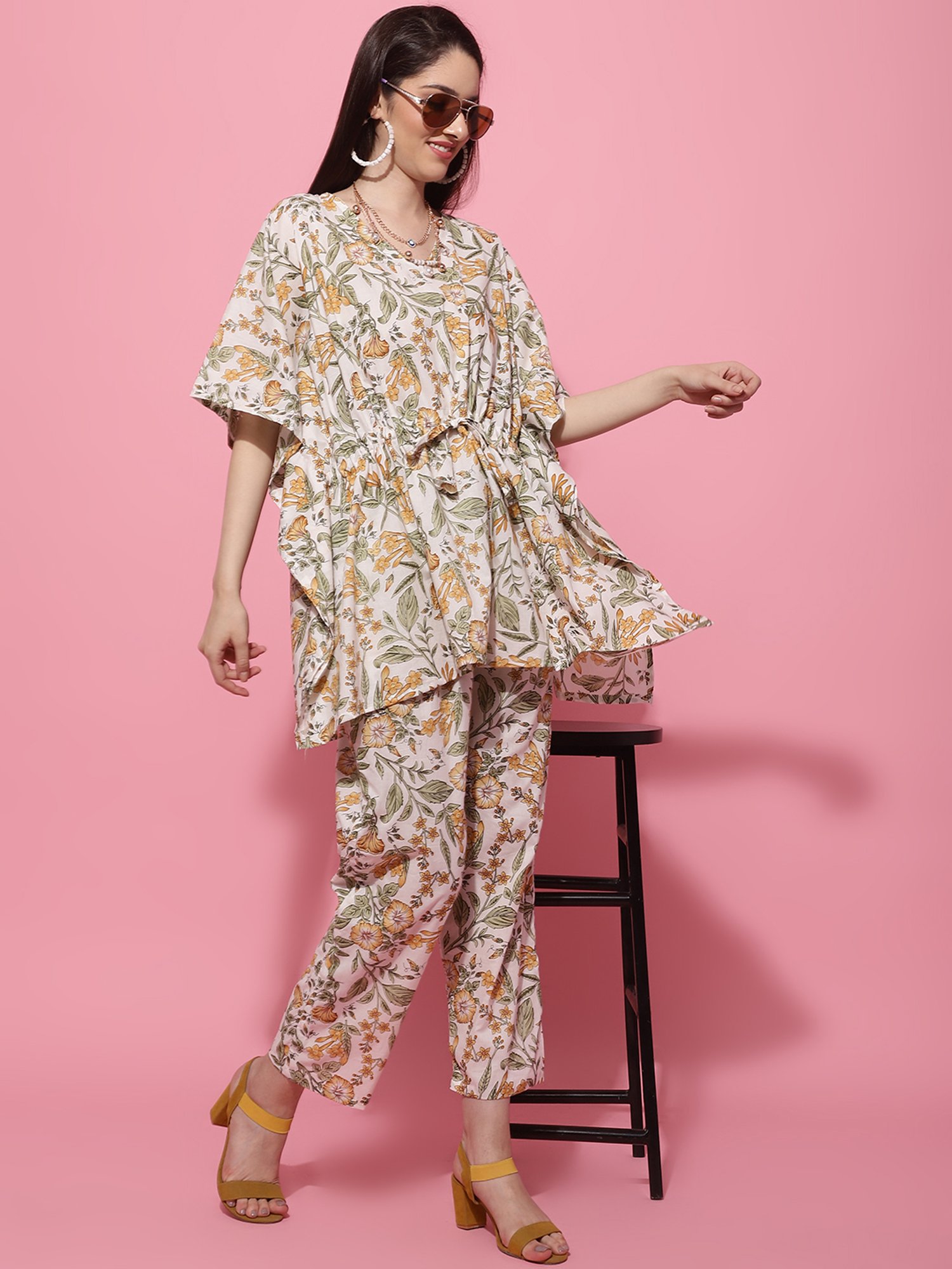 TAG 7 Yellow & White Cotton Floral Print Kaftan Pants Set