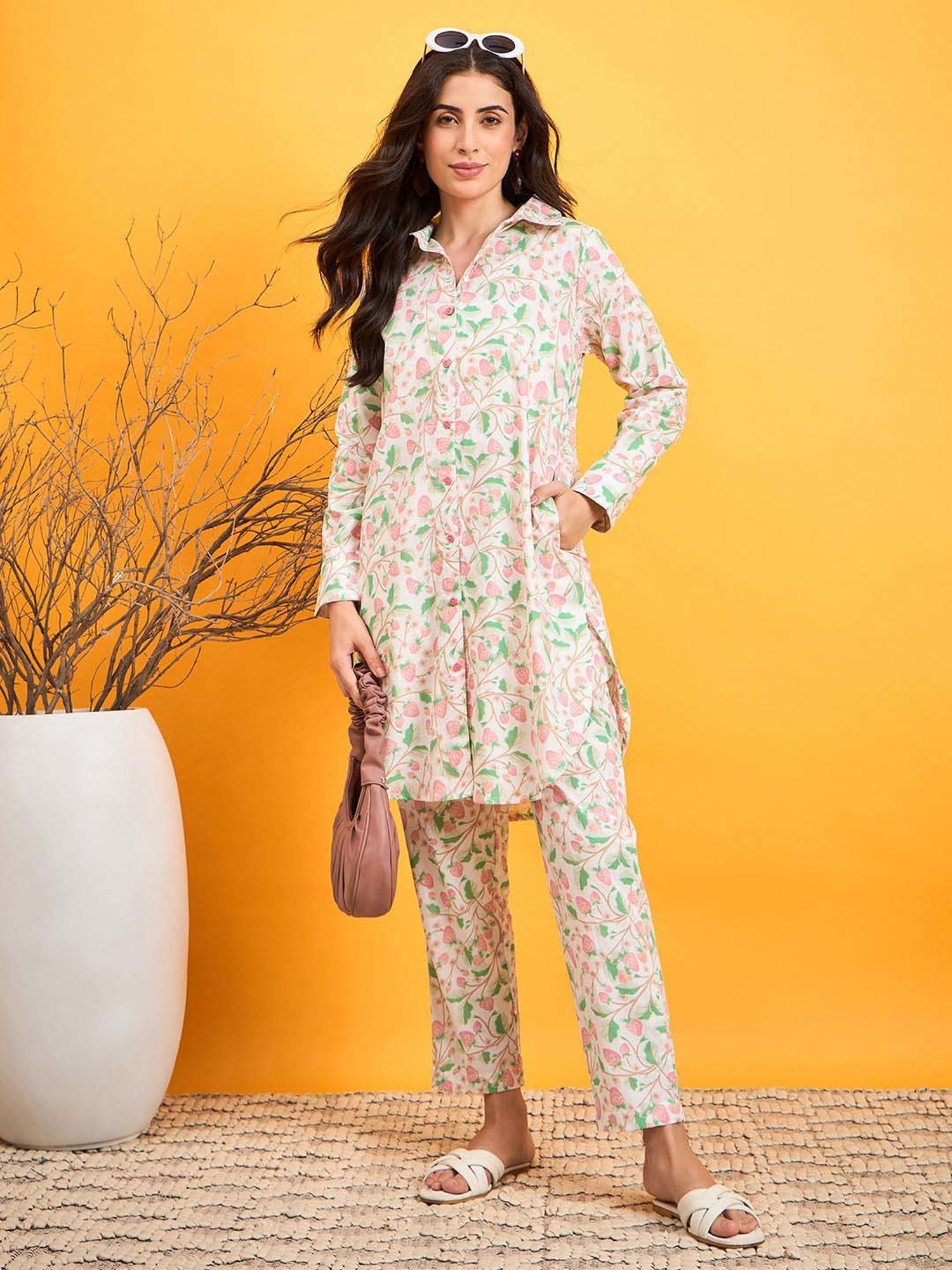 The Kaftan Company Off-White Cotton Printed Tunic Pants Set