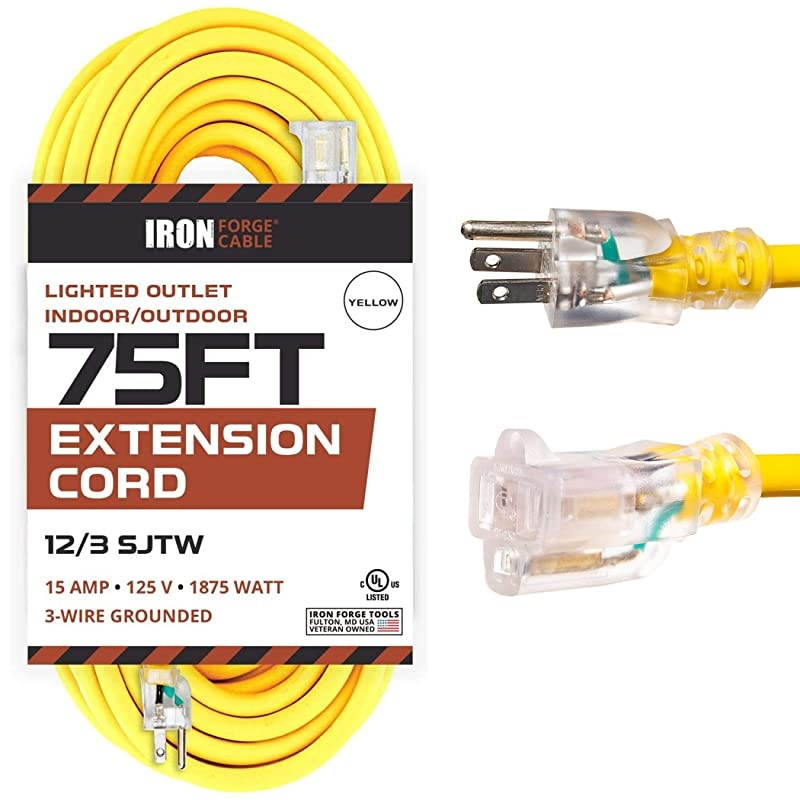 Foot Lighted Outdoor Extension Cord 123 SJTW Heavy Duty Yellow Extension Cable with 3 Prong Grounded Plug for Safety Great for Garden and Major Appliances