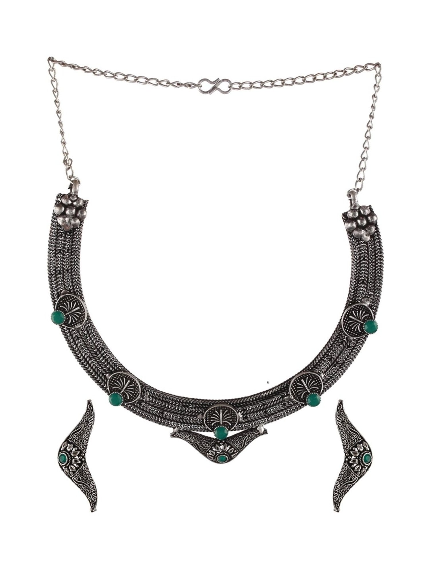 Aatmana Oxidised Silver-Tone Green Stone Studded Filgree Necklace Set for Women