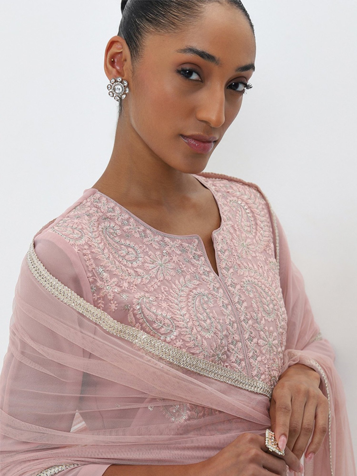 Vark by Westside Dusty Pink A-Line Kurta, Pants and Dupatta Set