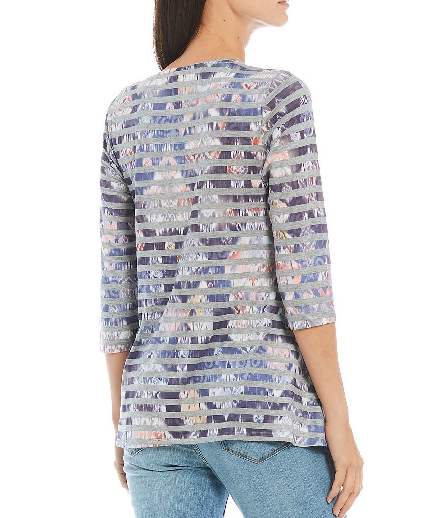 One World Apparel Yarn Dye Stripe Medallion Print Scoop Neck 3/4 Sleeve Sharkbite Hem Top