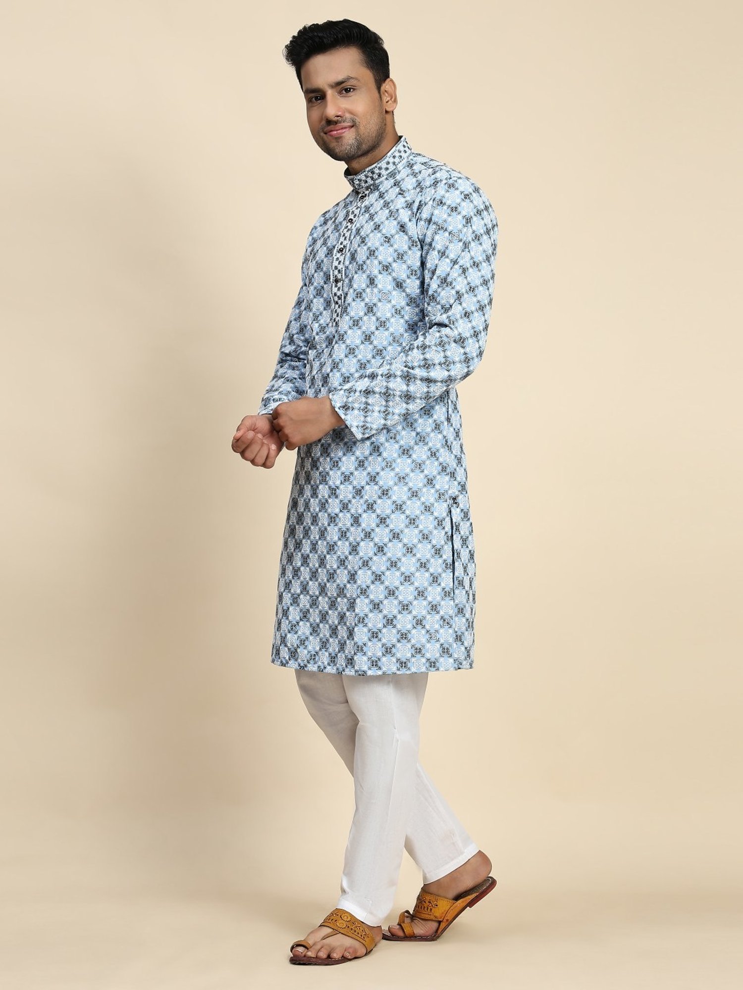 Pro-Ethic Style Developer Sky Blue & White Cotton Regular Fit Embellished Kurta Bottom Set