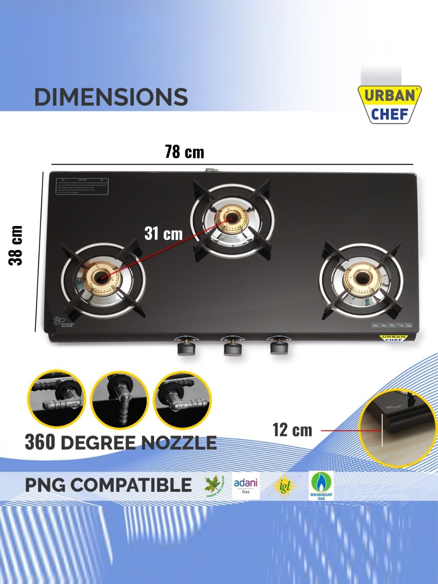 Urban Chef Gas Stove with 3 Burners ( Black )