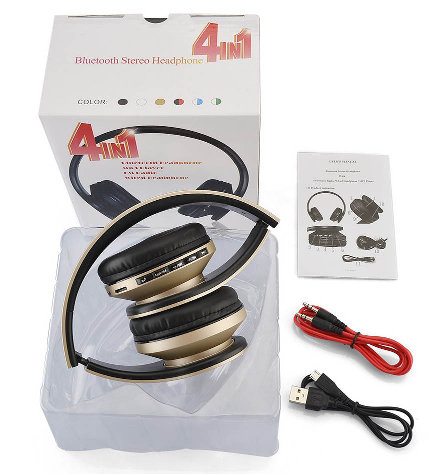Bluetooth stereo headset headphone with FM stereo radio/wired headphone/MP3 player answer/end calling gold+black color