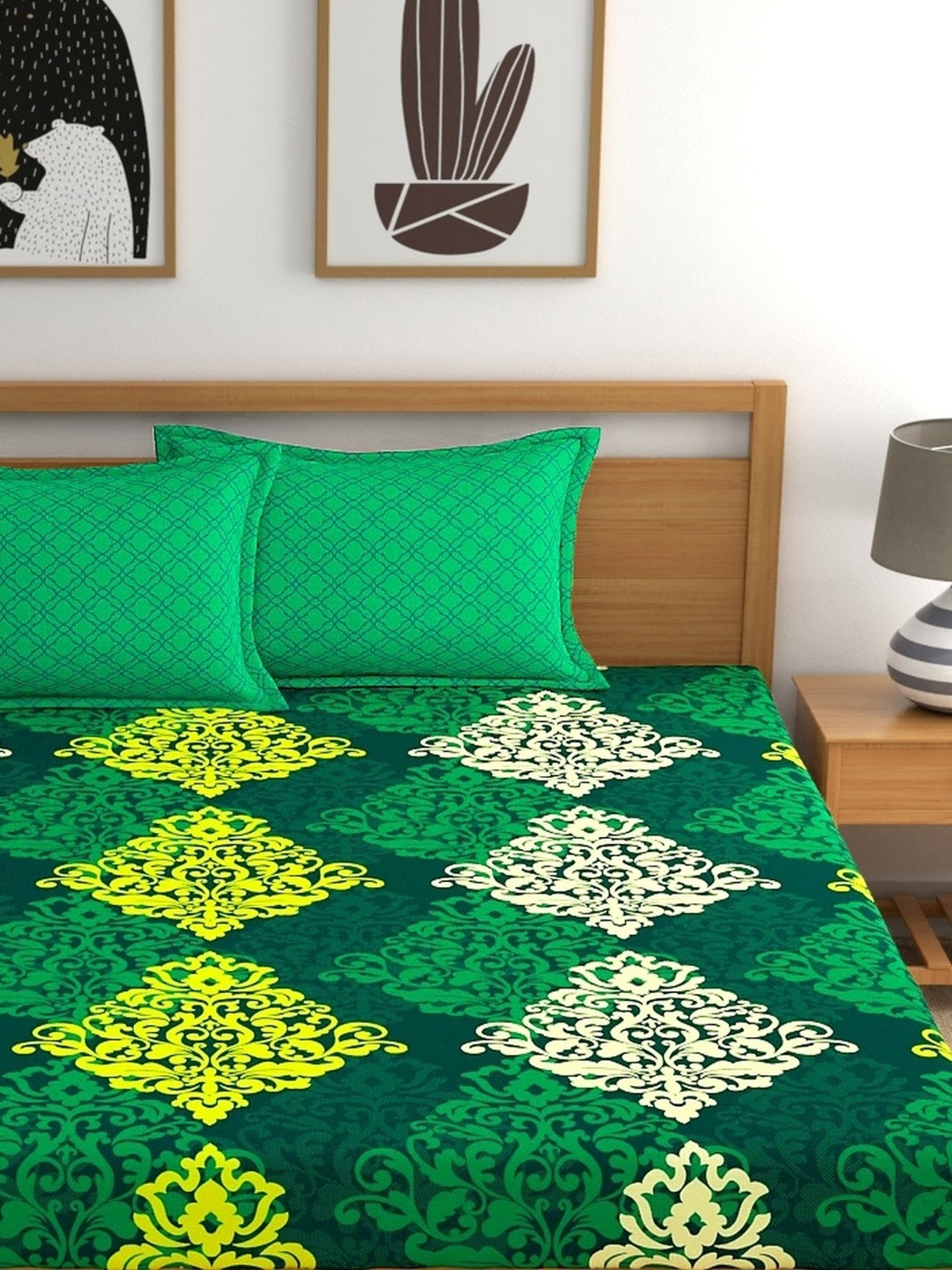 My Room Ethnic Green 140 TC Cotton King Bed Sheet with 2 Pillow Covers