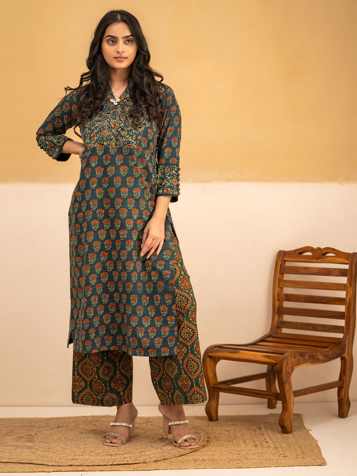 Love Chic Ajrakh Straight Kurta with Cowrie shells