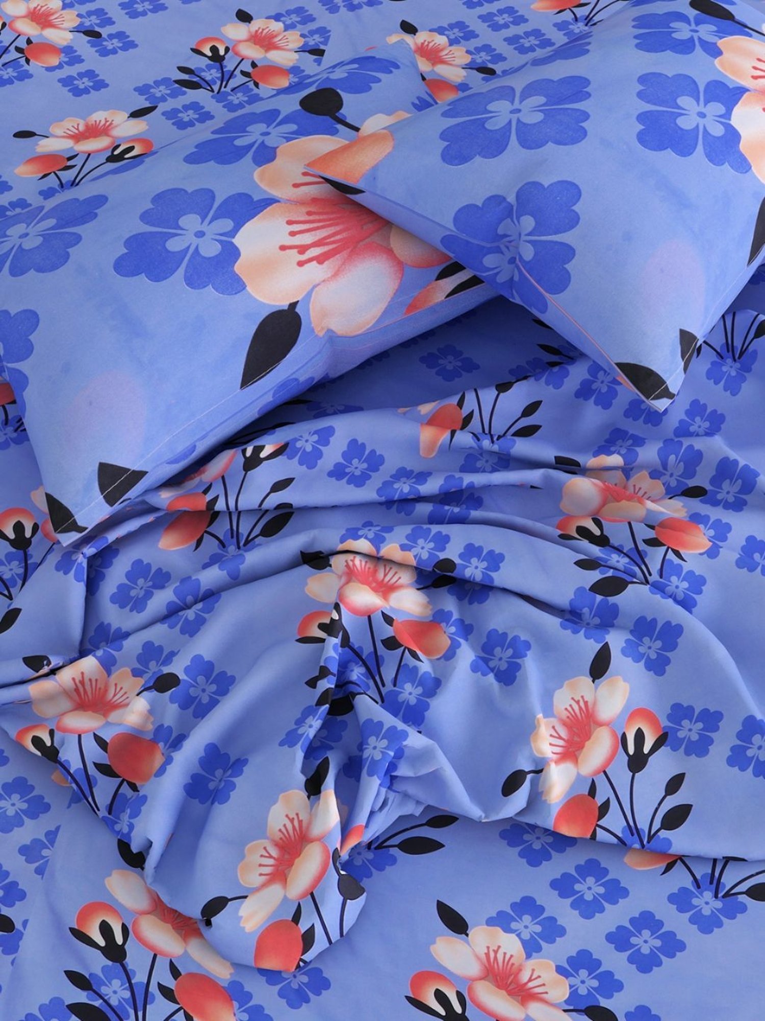 Romee Floral Sky Blue 144 TC Cotton Queen Sized Bed Sheet with 2 Pillow Covers