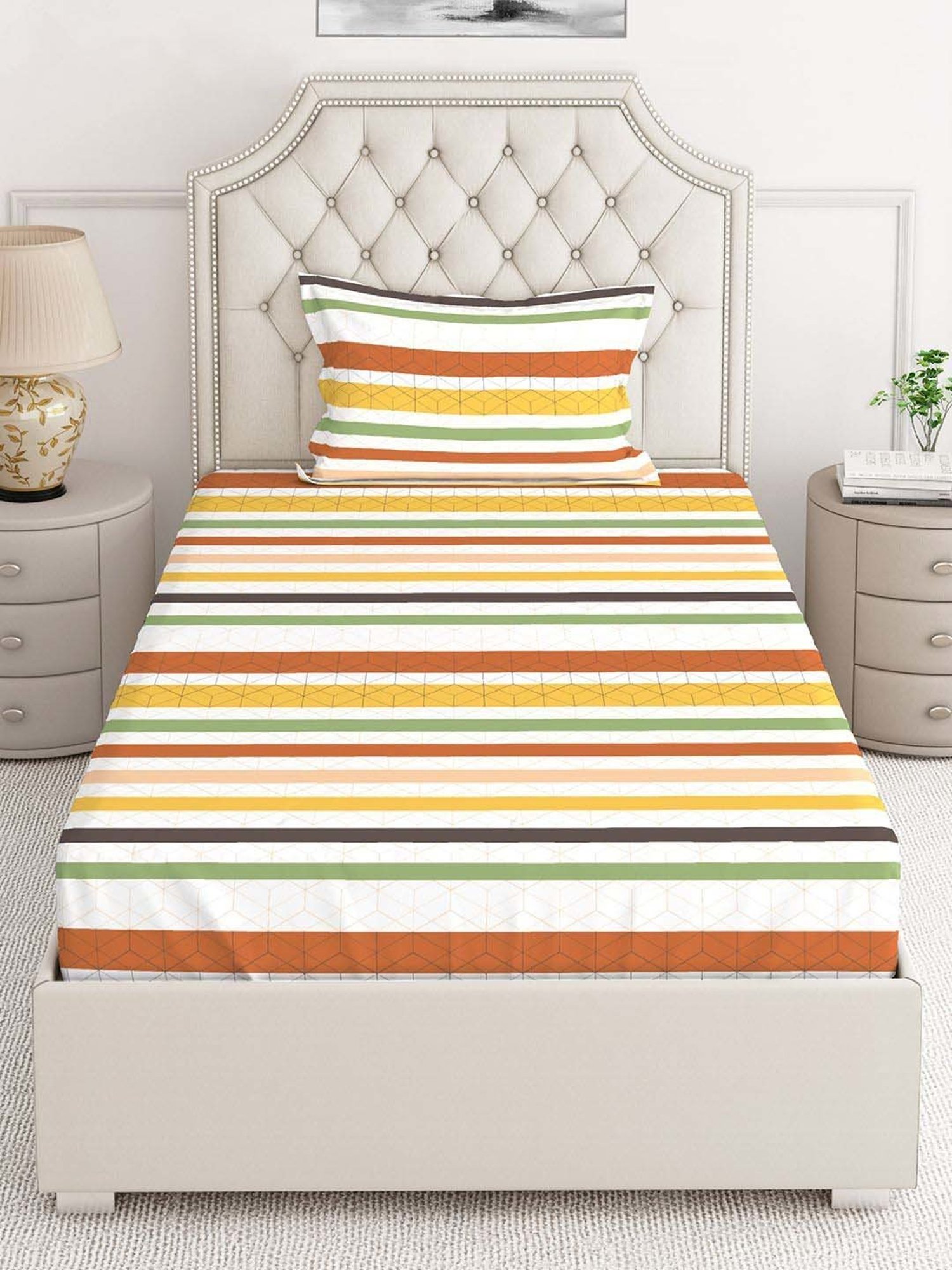 Layers Cotton Plus Multicolor Cotton Blend 120 TC Single Size Bed Sheet with Pillow Cover
