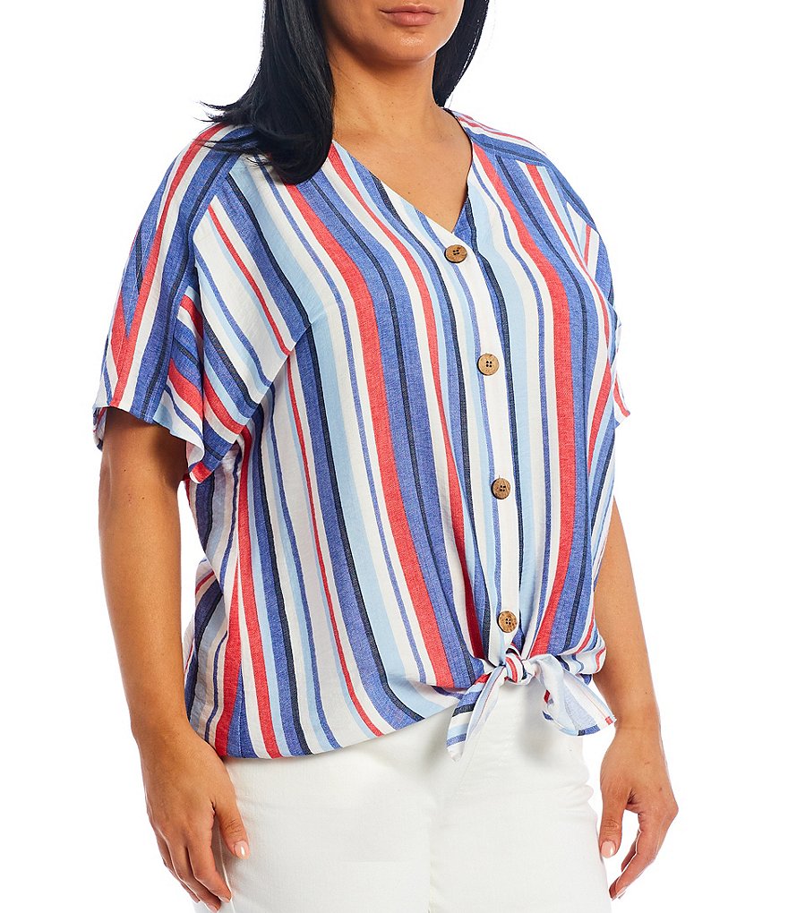 Westbound Plus Size Americana Stripe V-Neck Short Sleeve Tie Front Shirt