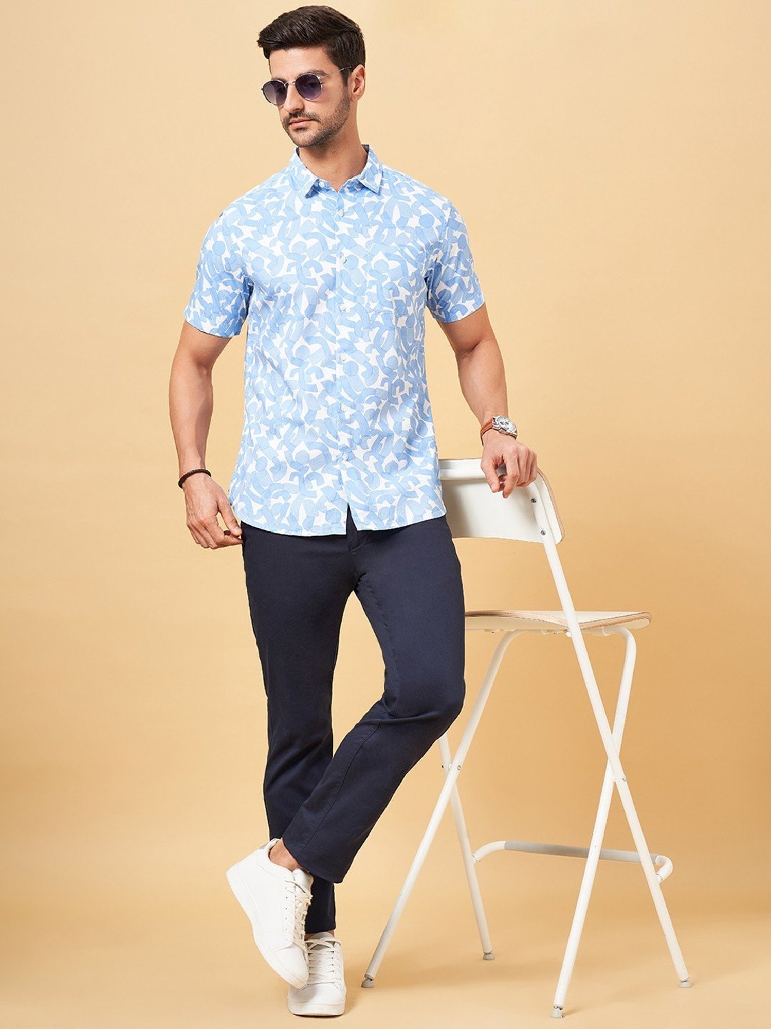 Spykar Blue Cotton Slim Fit Checks Shirt