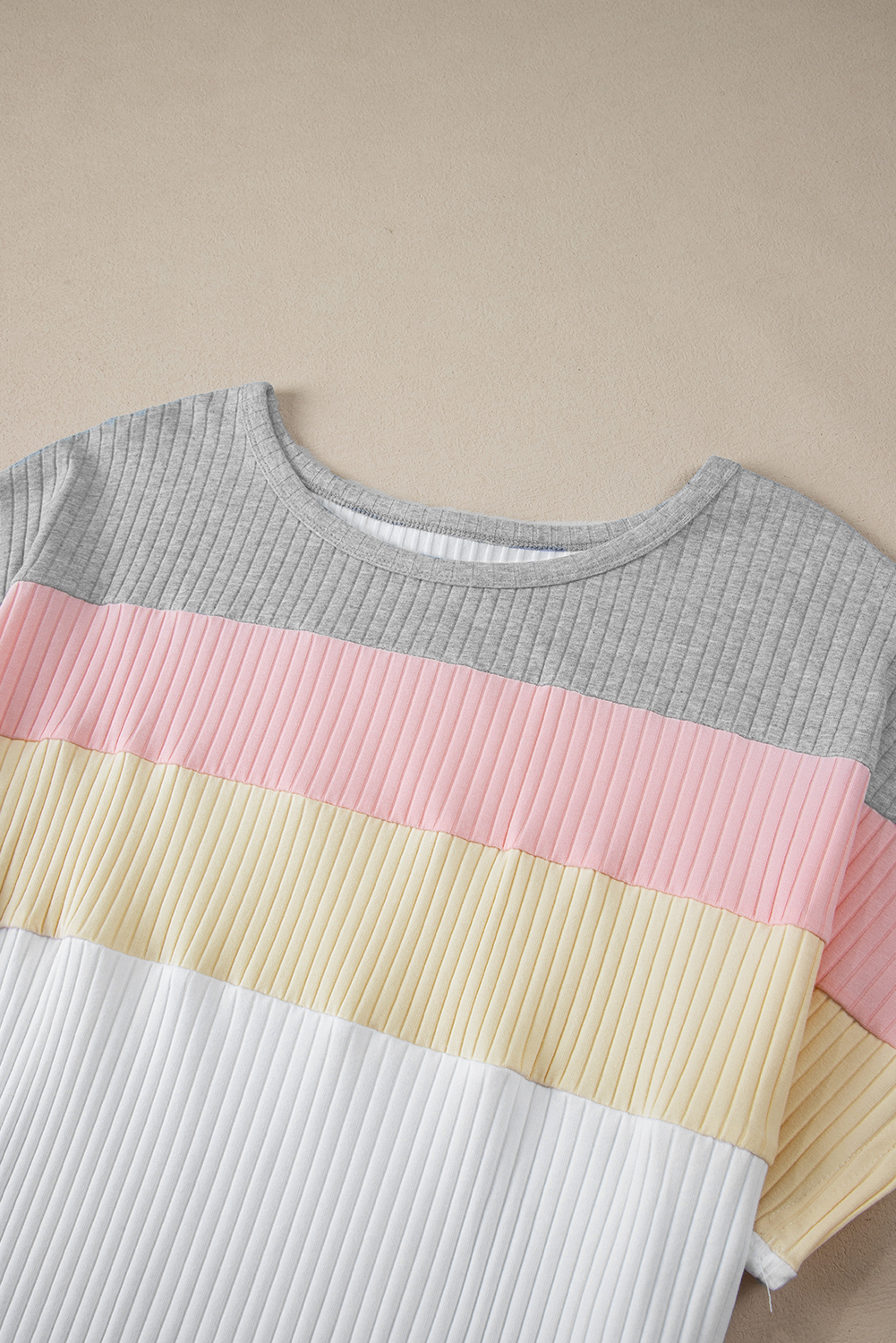White Ribbed Color Block Patchwork Plus T Shirt