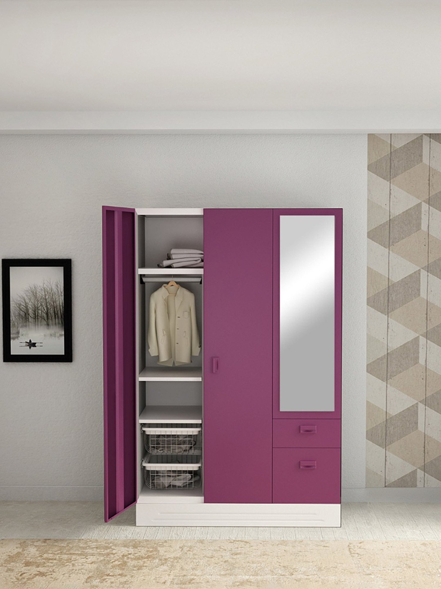 Godrej Interio Slimline Blend 3-Door Almirah, Textured Purple (1-Year Warranty, 1 Locker, 3 Drawers)