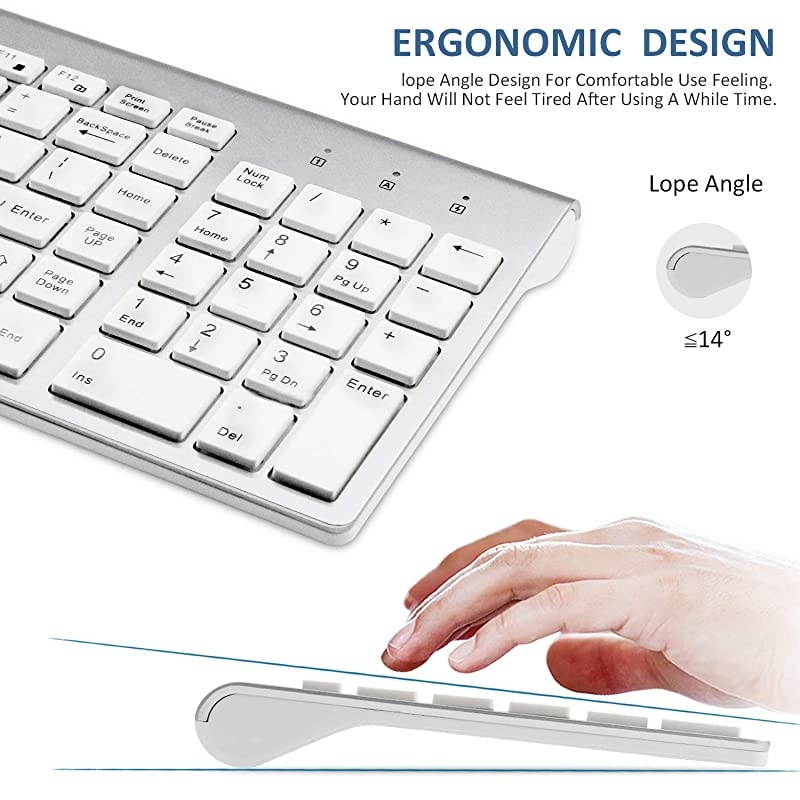 Wireless Keyboard and Mouse Combo  USB Slim 24G Wireless Keyboard Mouse FullSize Ergonomic Compact with Number Pad for Laptop PC Computer Silver White