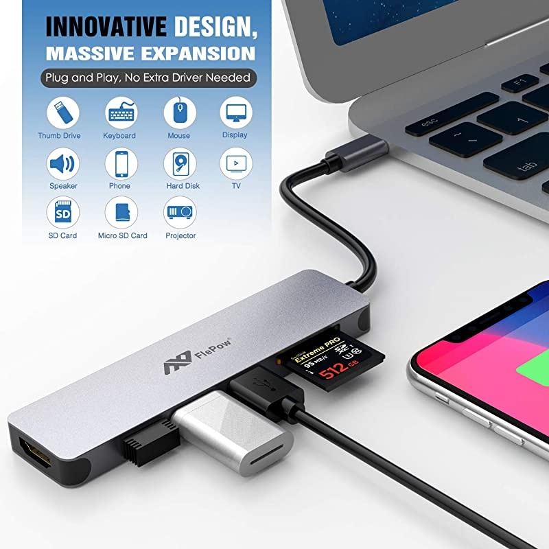 C Hub Multiport Adapter - 7 in 1 Portable Space Aluminum Dongle with 4K HDMI Output, 3 3.0 Ports, SD/Micro SD Card Reader Compatible for MacBook Pro, XPS More Type C Devices