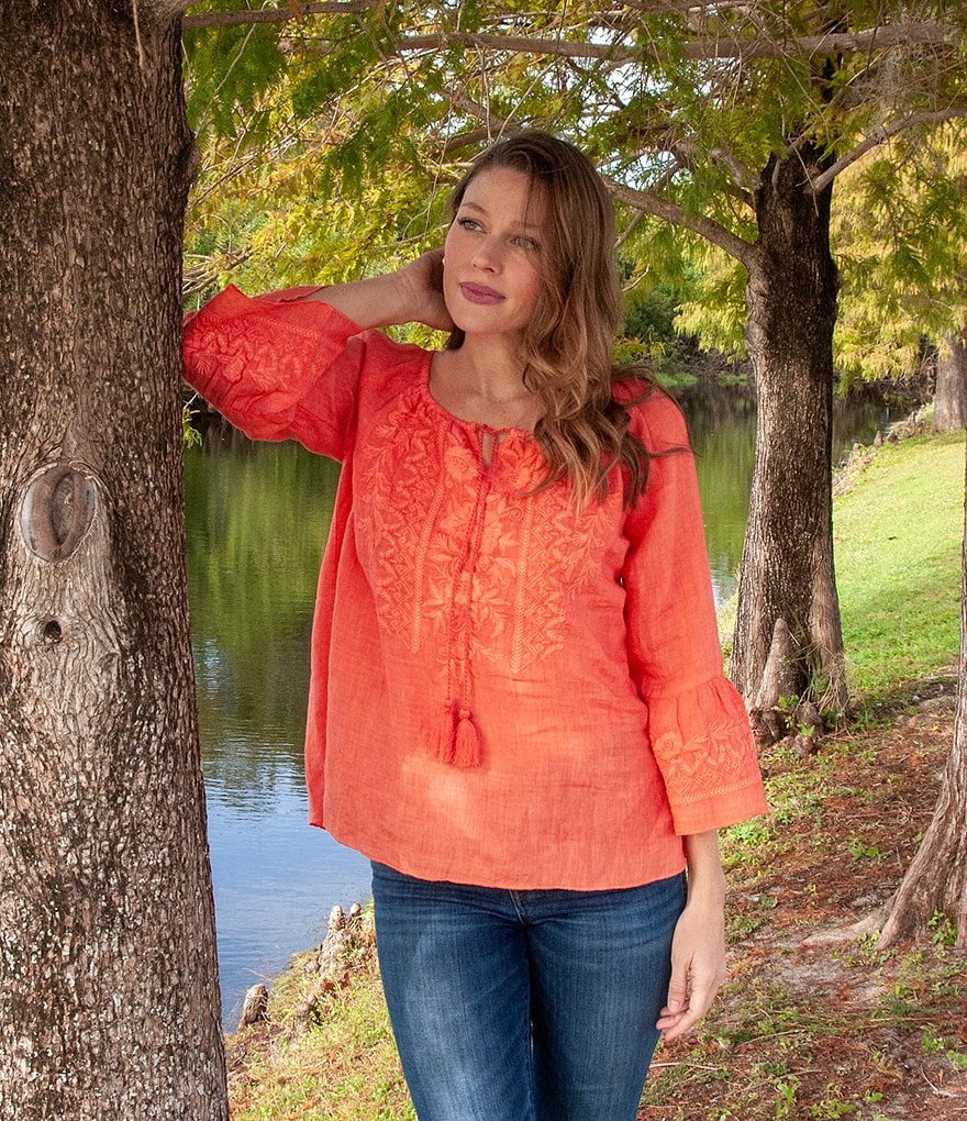 Karyn Seo Sonali Bell Sleeve Keyhole Jewel Neck Embroidered Top