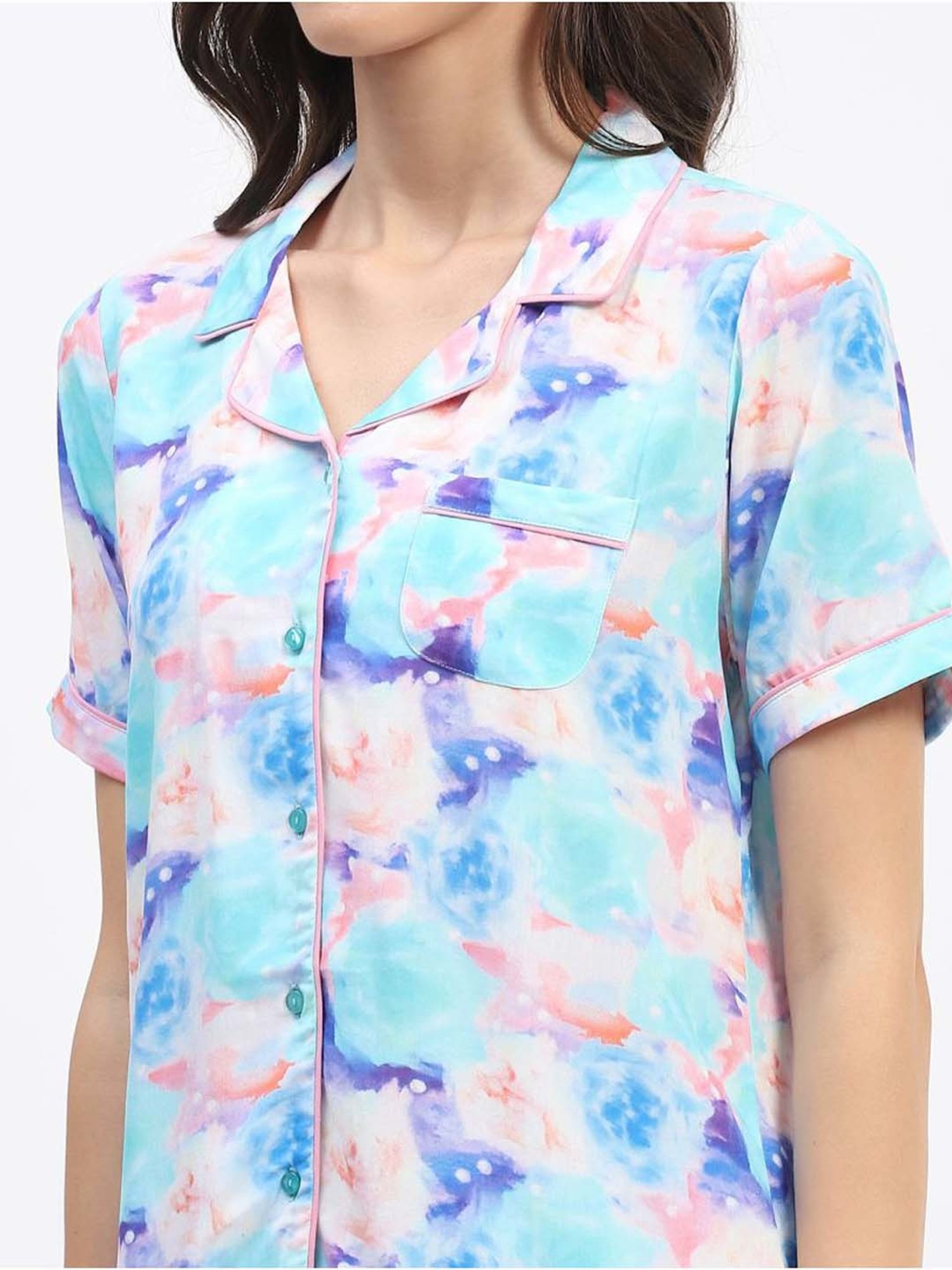 MADAME M Secret Blue Printed Shirt Pyjamas Set