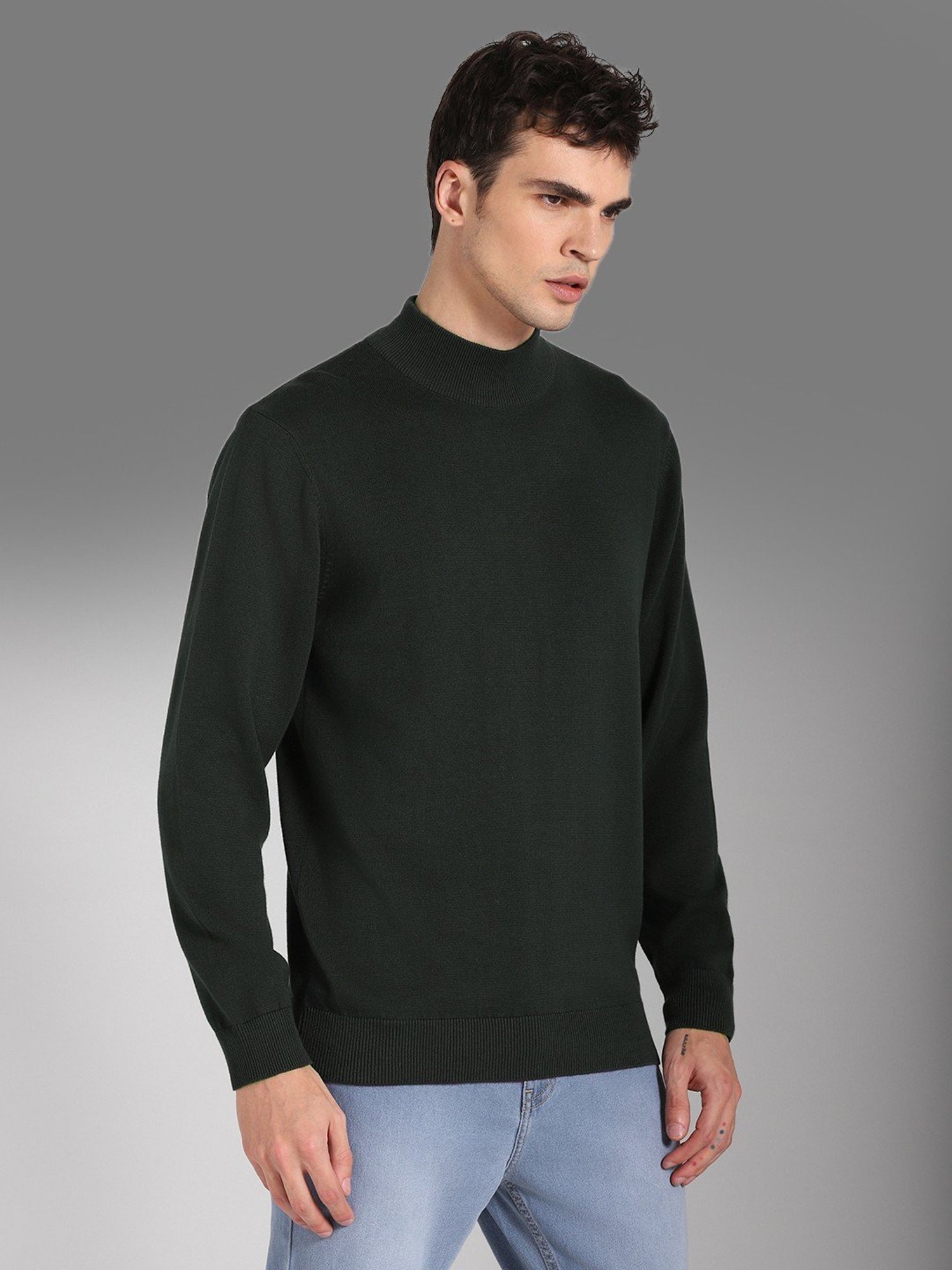 High Star Green Cotton Regular Fit Sweater
